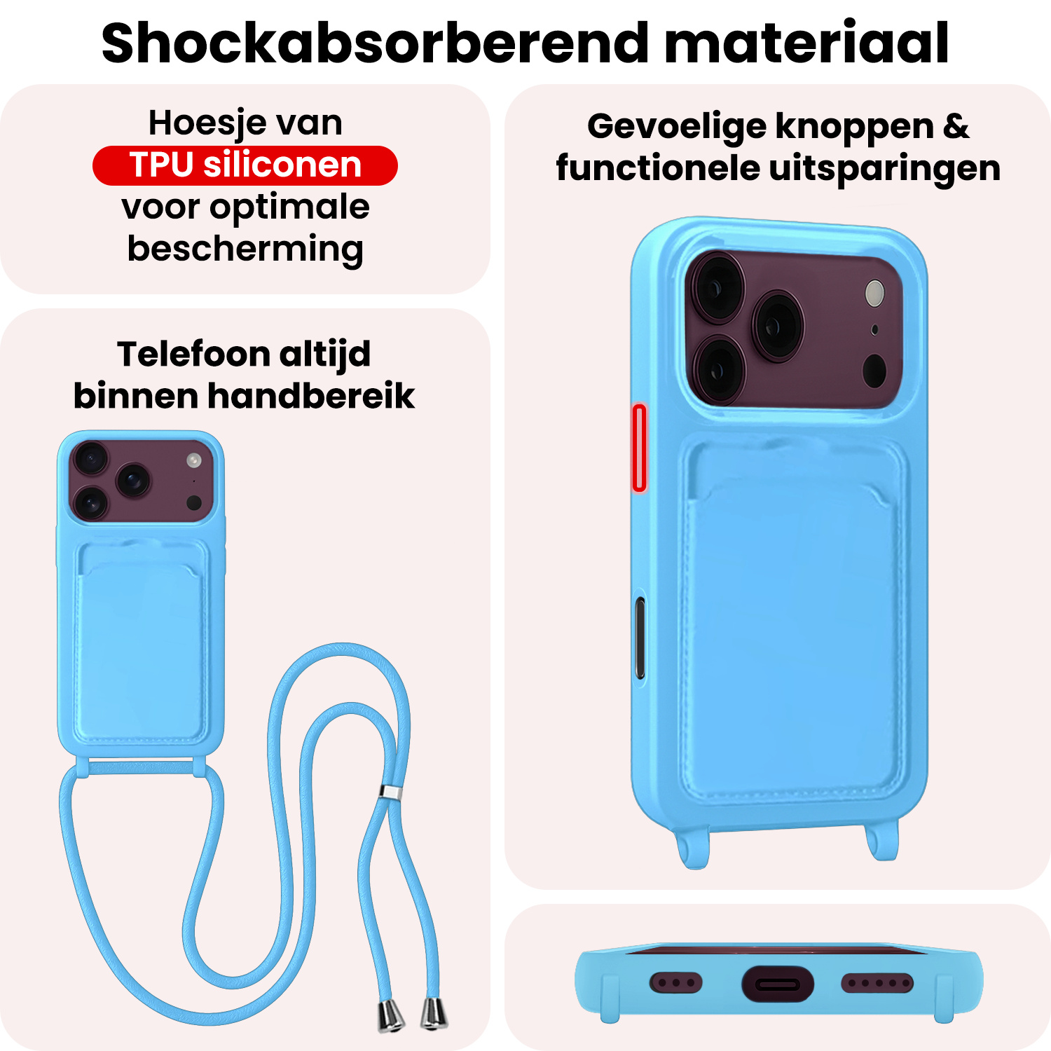 NoXx NoXx iPhone 18 Pro Max Hoesje Pashouder met Koord Met Screenprotector - Lichtblauw