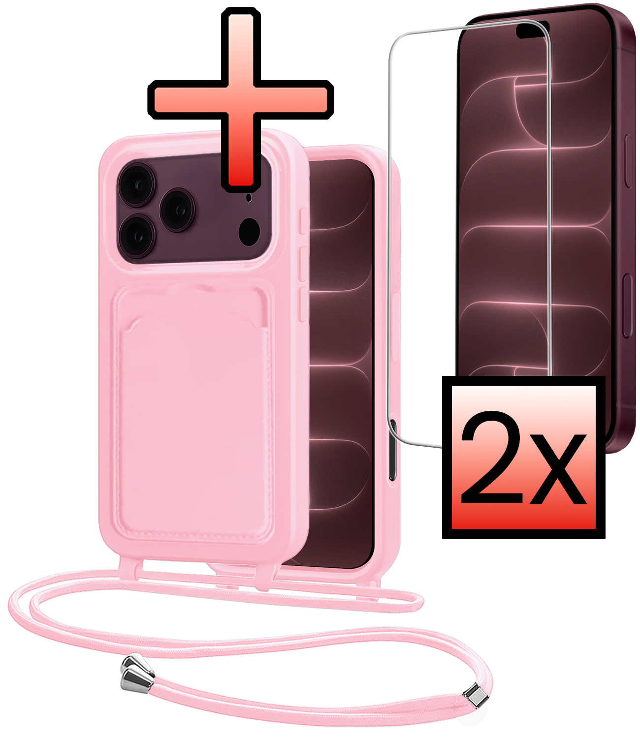NoXx NoXx iPhone 18 Pro Max Hoesje Pashouder met Koord Met 2x Screenprotector - Lichtroze