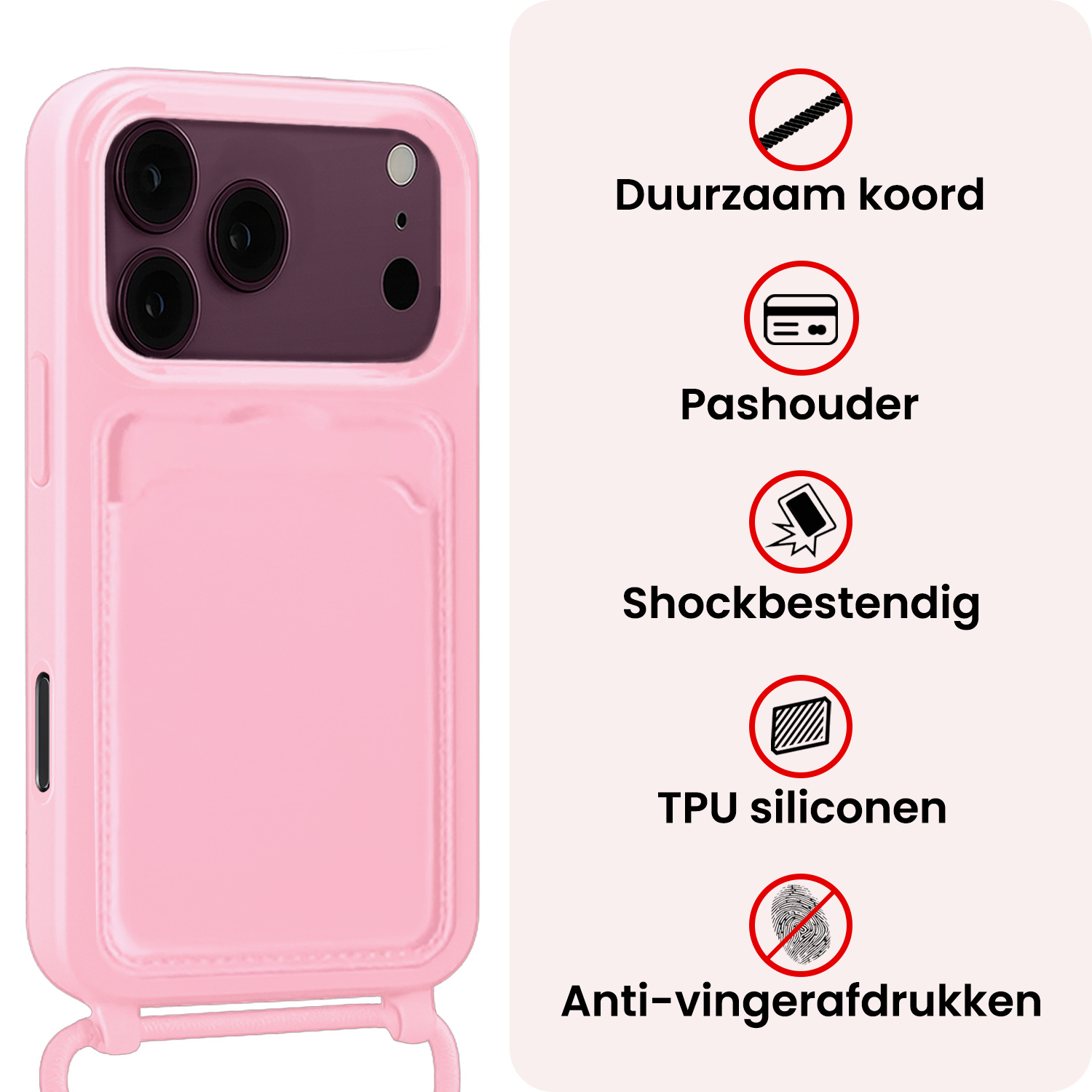 NoXx NoXx iPhone 18 Pro Max Hoesje Pashouder met Koord Met 2x Screenprotector - Lichtroze