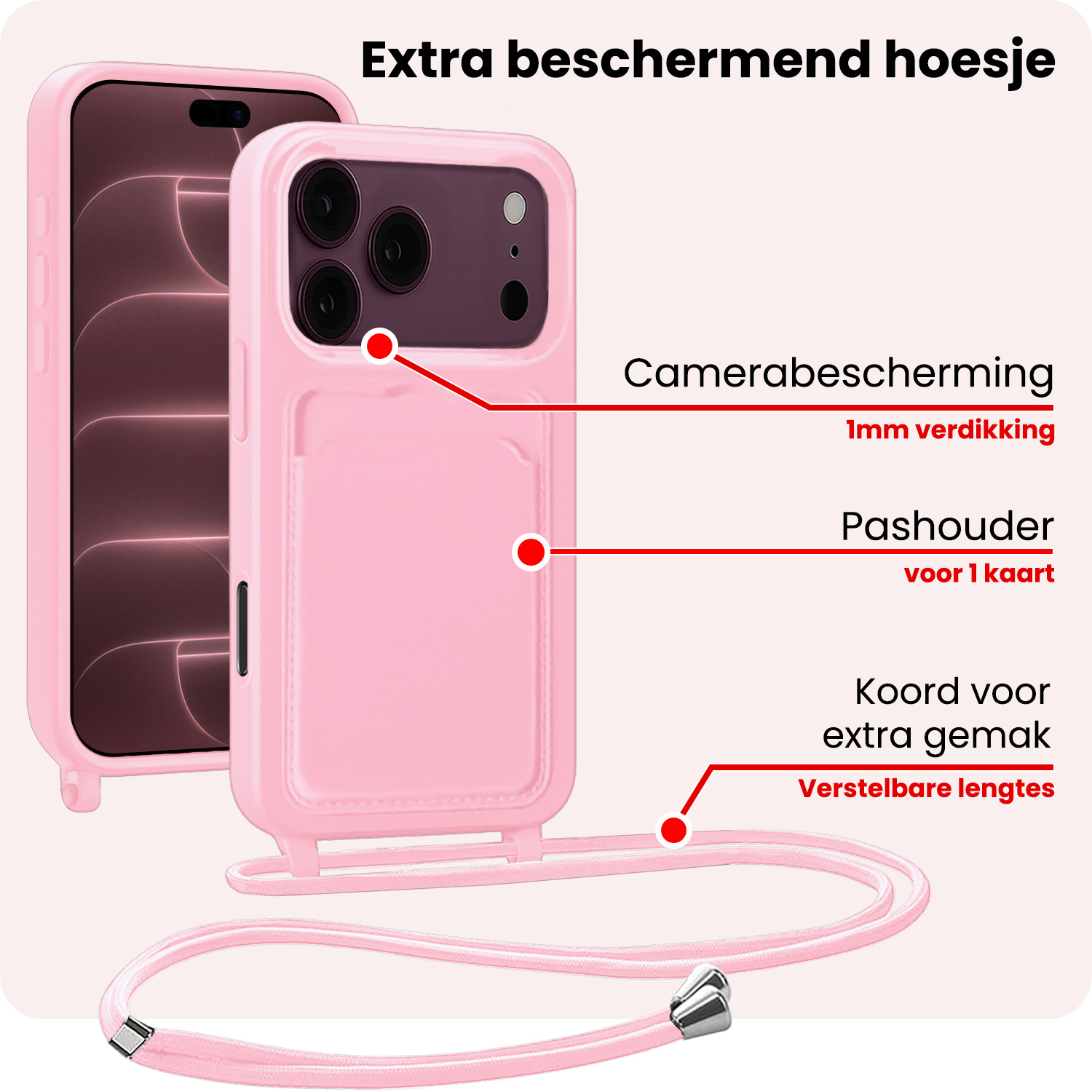 NoXx NoXx iPhone 18 Pro Max Hoesje Pashouder met Koord Met 2x Screenprotector - Lichtroze