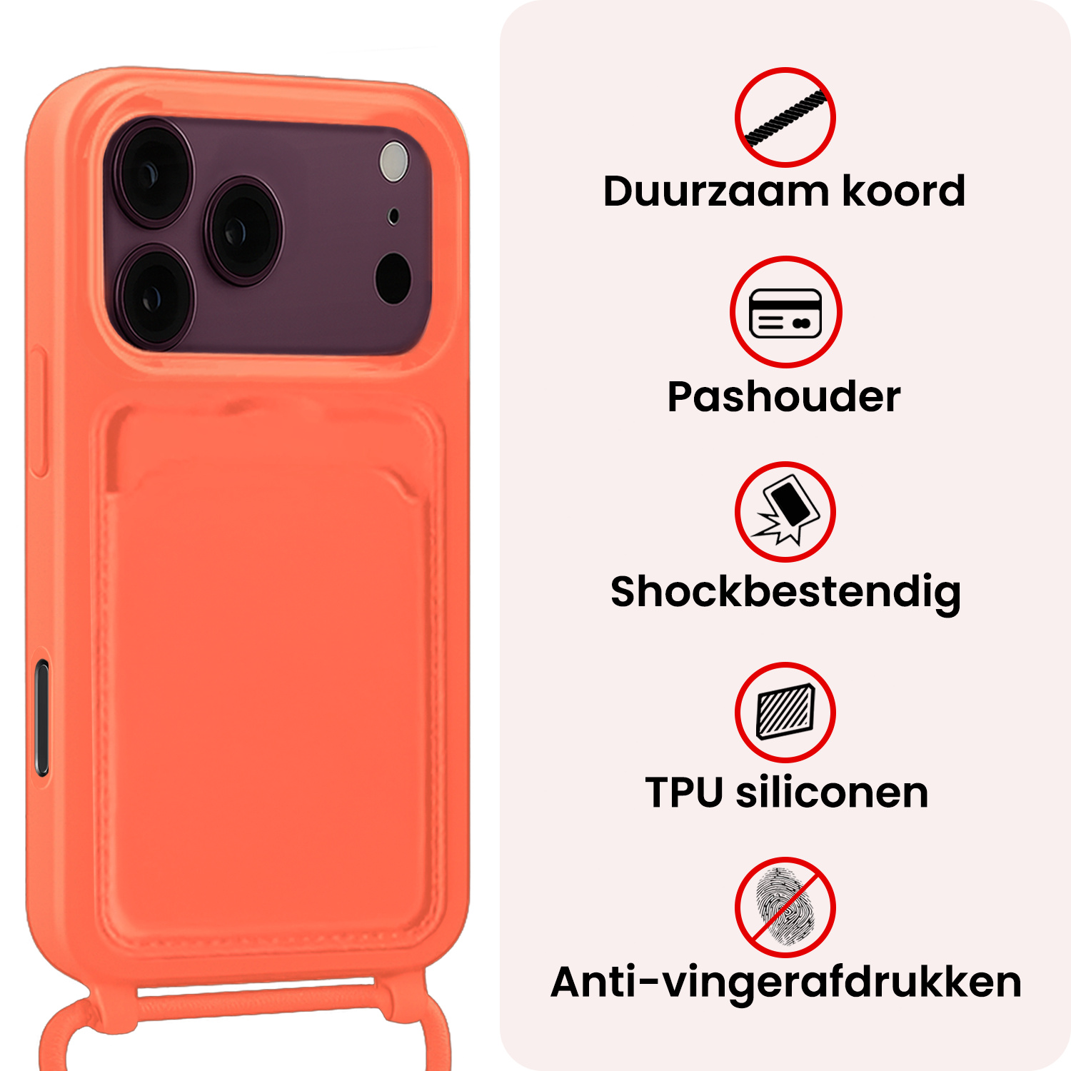 NoXx NoXx iPhone 18 Pro Max Hoesje Pashouder met Koord Met Screenprotector - Papaya