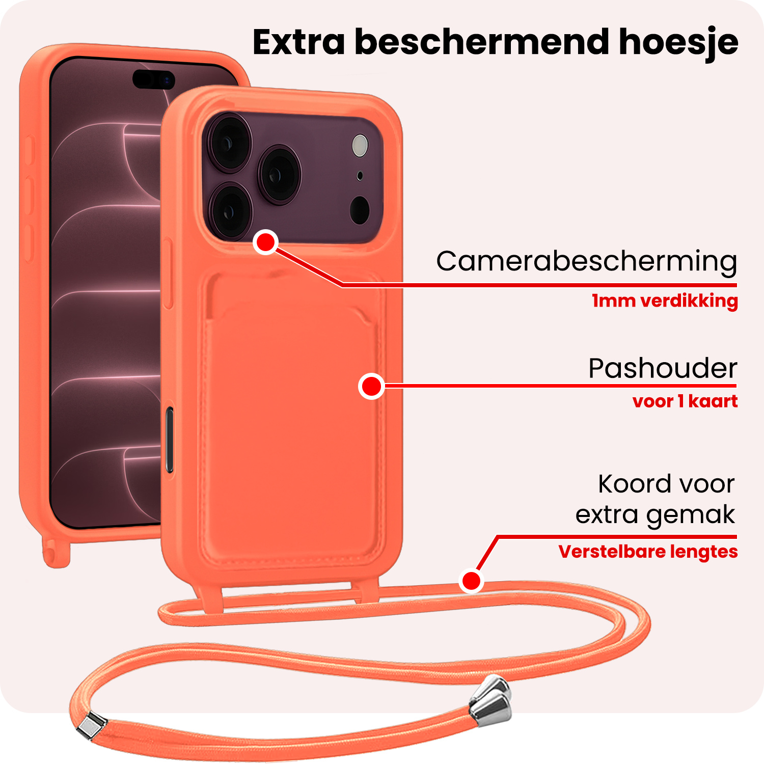 NoXx NoXx iPhone 18 Pro Max Hoesje Pashouder met Koord Met Screenprotector - Papaya