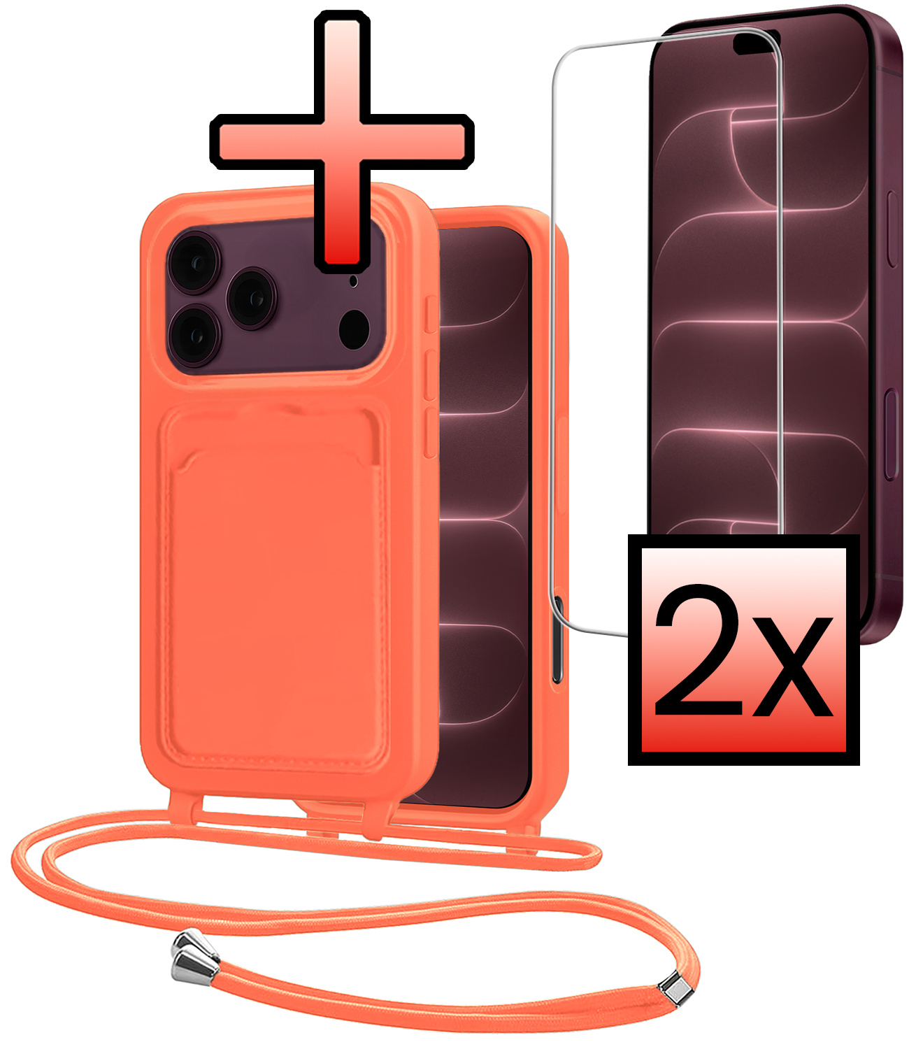 NoXx NoXx iPhone 18 Pro Max Hoesje Pashouder met Koord Met 2x Screenprotector - Papaya