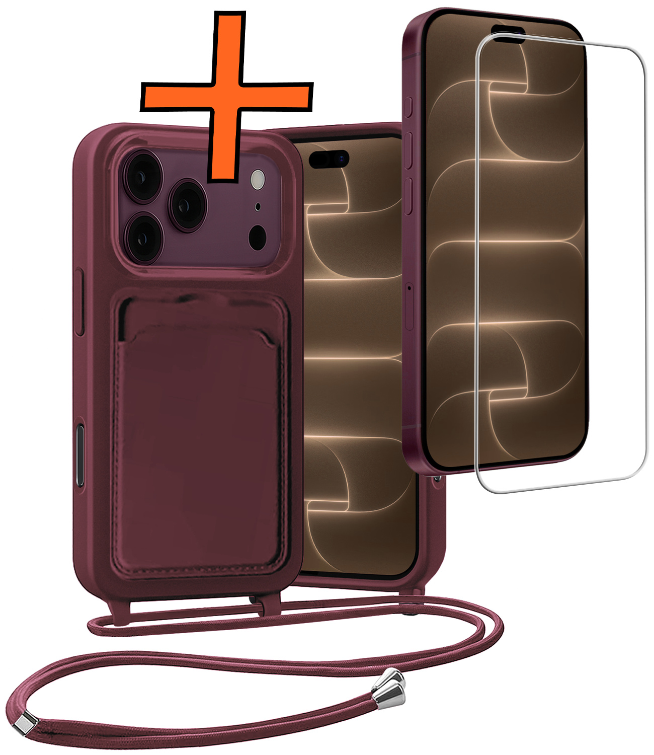 Nomfy Nomfy iPhone 18 Pro Hoesje Pashouder met Koord Met Screenprotector - Aubergine