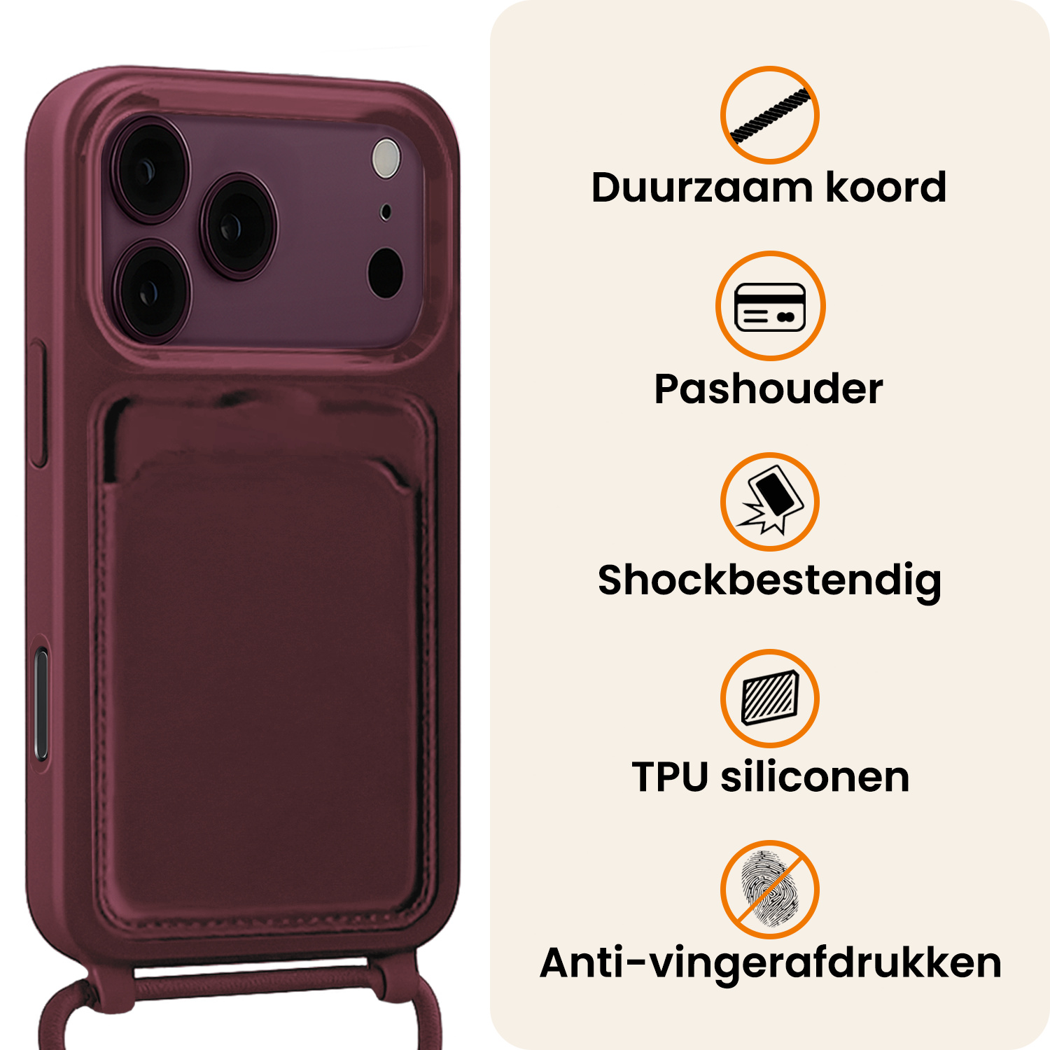 Nomfy Nomfy iPhone 18 Pro Hoesje Pashouder met Koord Met Screenprotector - Aubergine