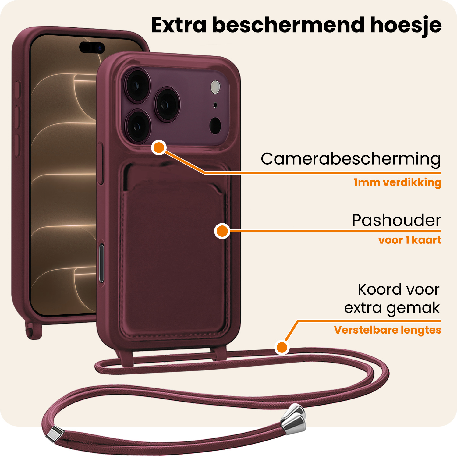 Nomfy Nomfy iPhone 18 Pro Hoesje Pashouder met Koord Met Screenprotector - Aubergine