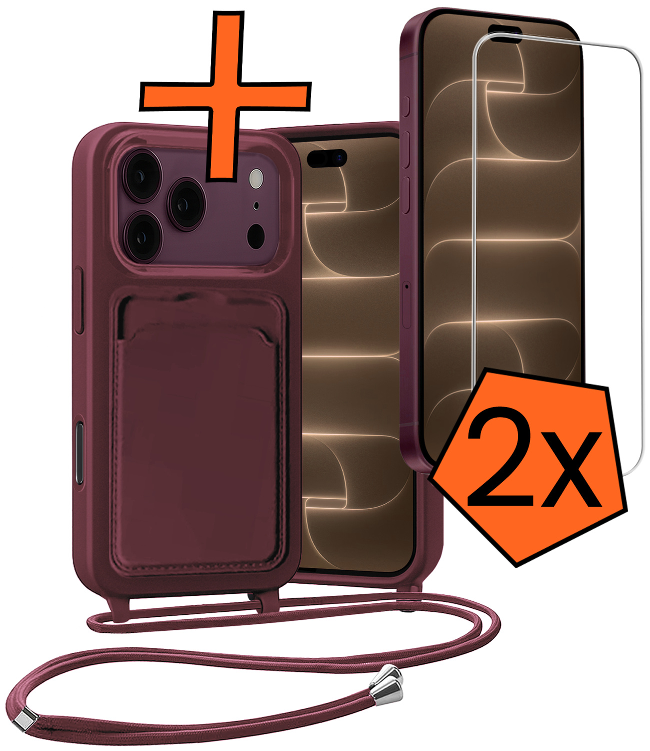 Nomfy Nomfy iPhone 18 Pro Hoesje Pashouder met Koord Met 2x Screenprotector - Aubergine