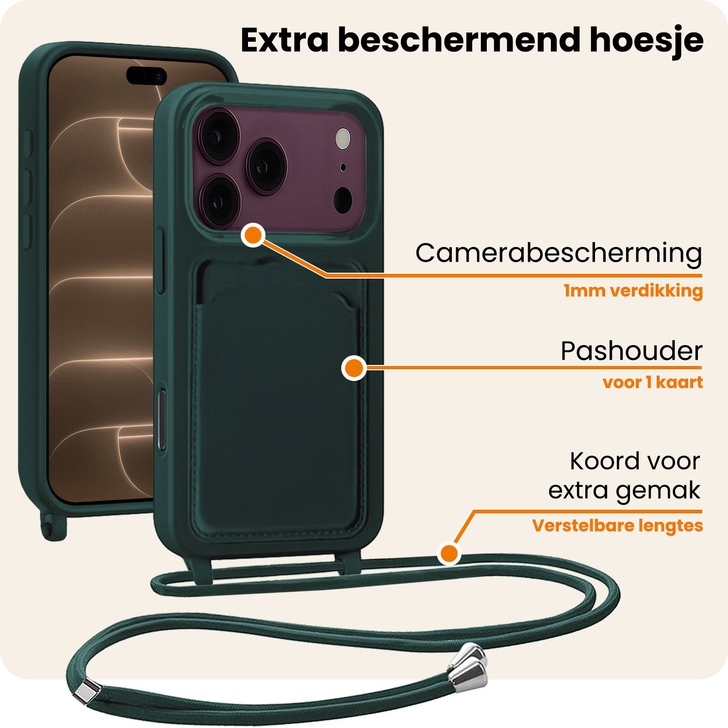 Nomfy Nomfy iPhone 18 Pro Hoesje Pashouder met Koord - Donkergroen - 2 PACK