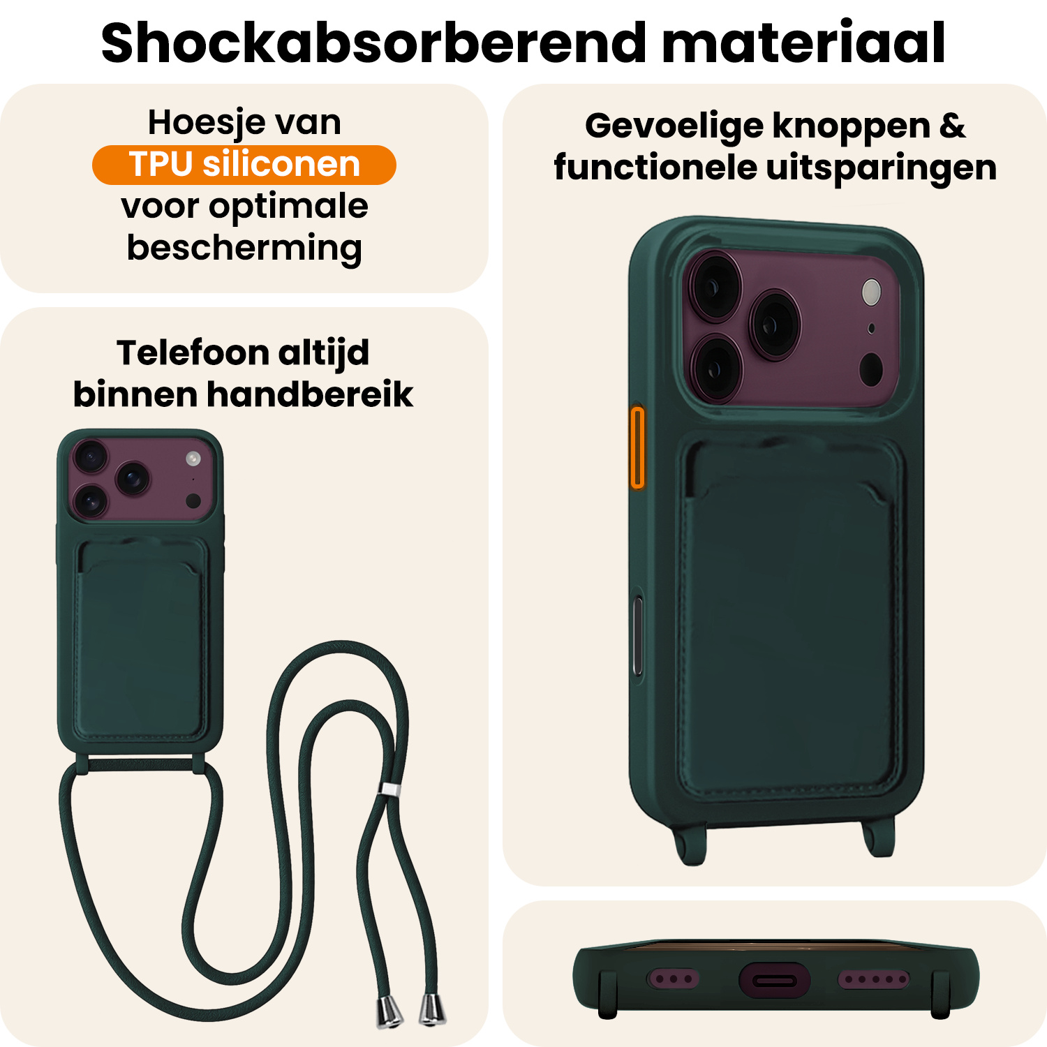 Nomfy Nomfy iPhone 18 Pro Hoesje Pashouder met Koord - Donkergroen - 2 PACK