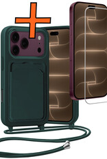 Nomfy Nomfy iPhone 18 Pro Hoesje Pashouder met Koord Met Screenprotector - Donkergroen