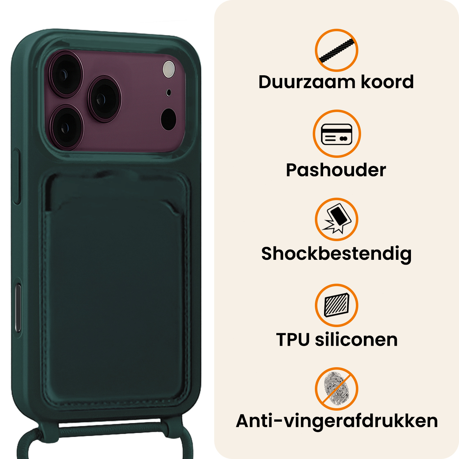 Nomfy Nomfy iPhone 18 Pro Hoesje Pashouder met Koord Met 2x Screenprotector - Donkergroen