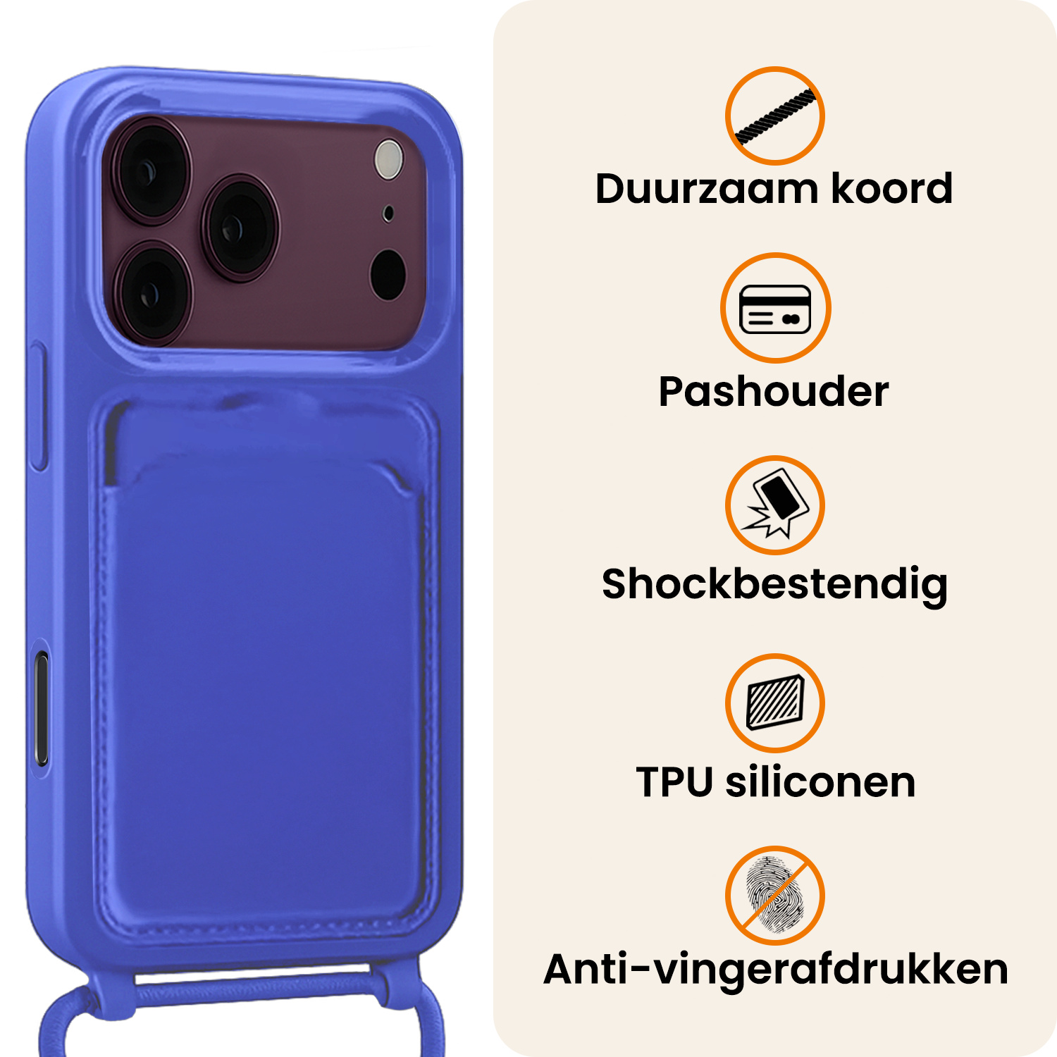 Nomfy Nomfy iPhone 18 Pro Hoesje Pashouder met Koord Met Screenprotector - Fel Blauw