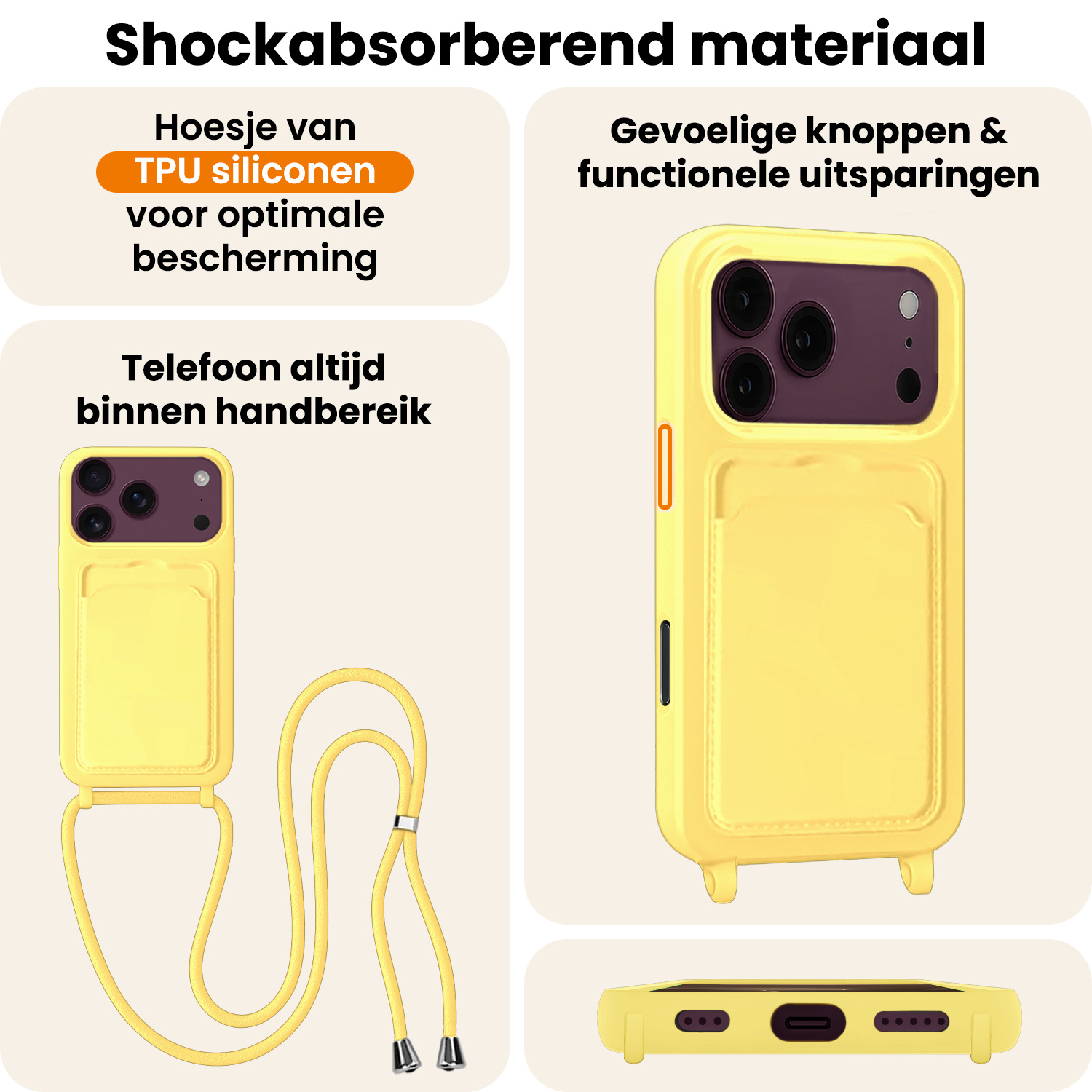 Nomfy Nomfy iPhone 18 Pro Hoesje Pashouder met Koord Met Screenprotector - Geel