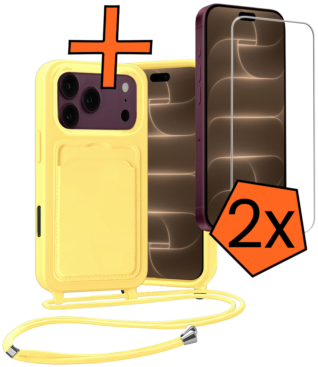 Nomfy Nomfy iPhone 18 Pro Hoesje Pashouder met Koord Met 2x Screenprotector - Geel