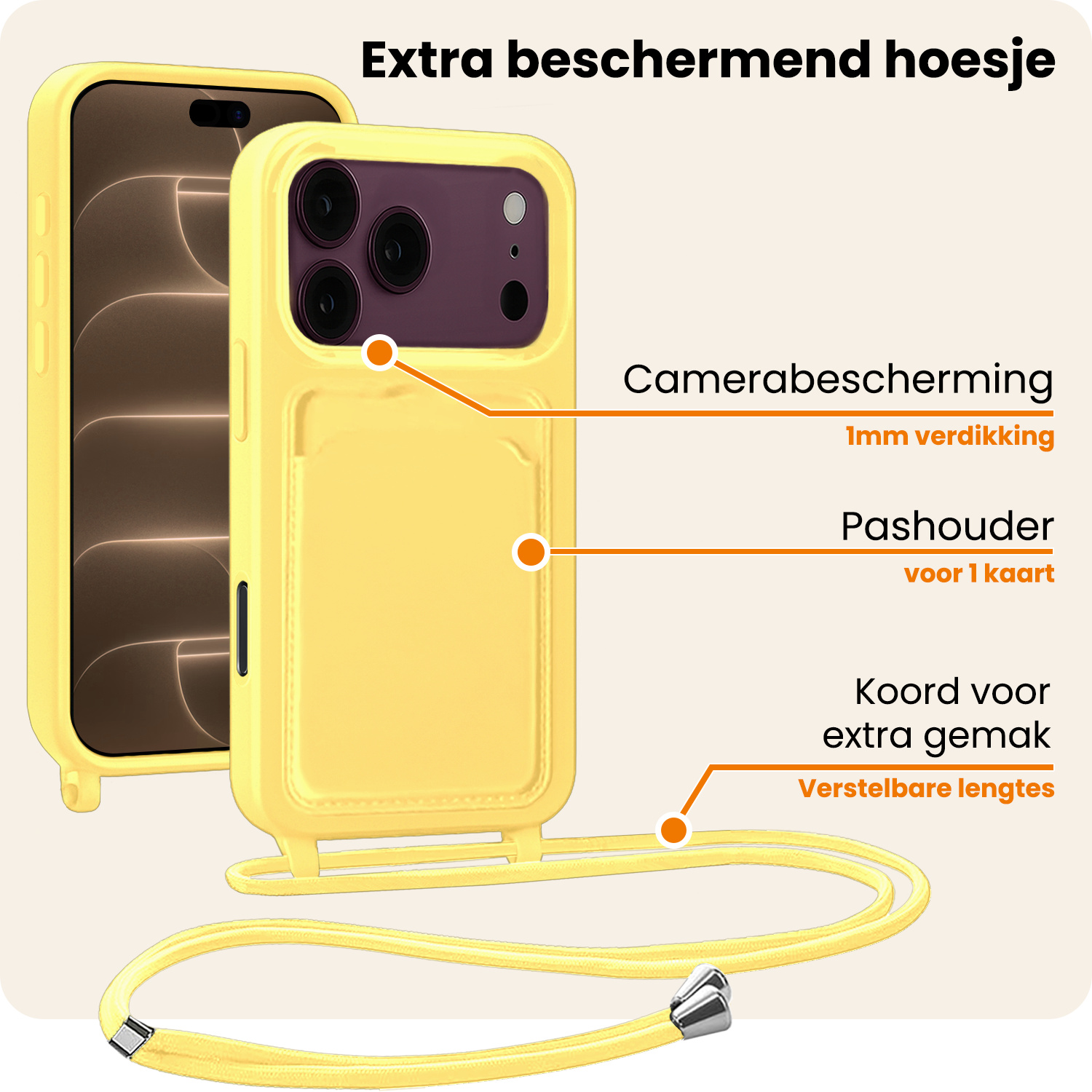 Nomfy Nomfy iPhone 18 Pro Hoesje Pashouder met Koord Met 2x Screenprotector - Geel