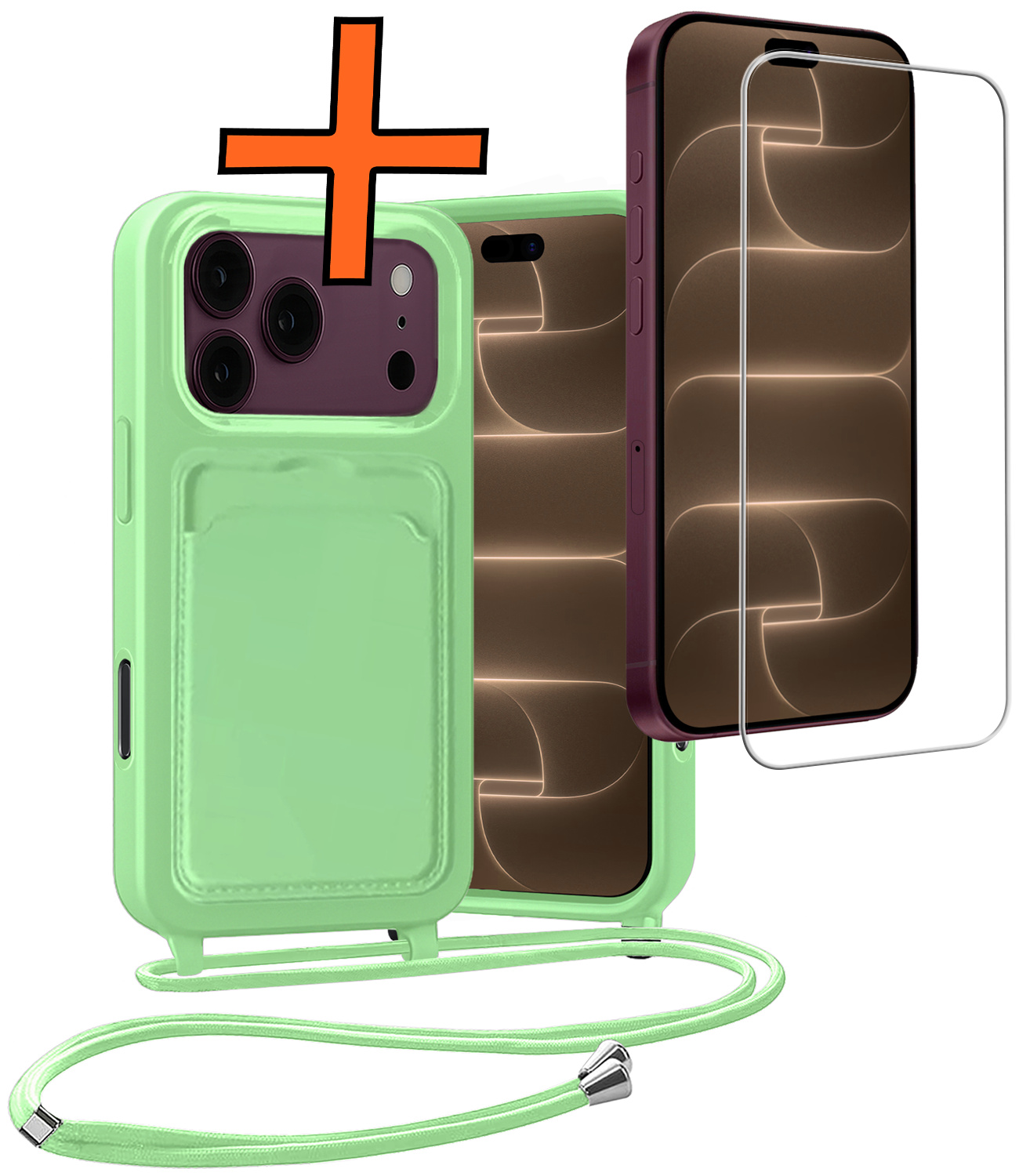 Nomfy Nomfy iPhone 18 Pro Hoesje Pashouder met Koord Met Screenprotector - Groen
