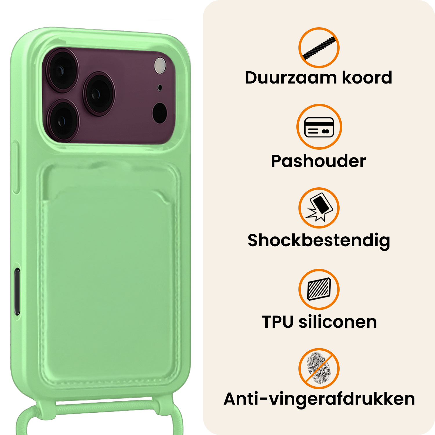 Nomfy Nomfy iPhone 18 Pro Hoesje Pashouder met Koord Met Screenprotector - Groen