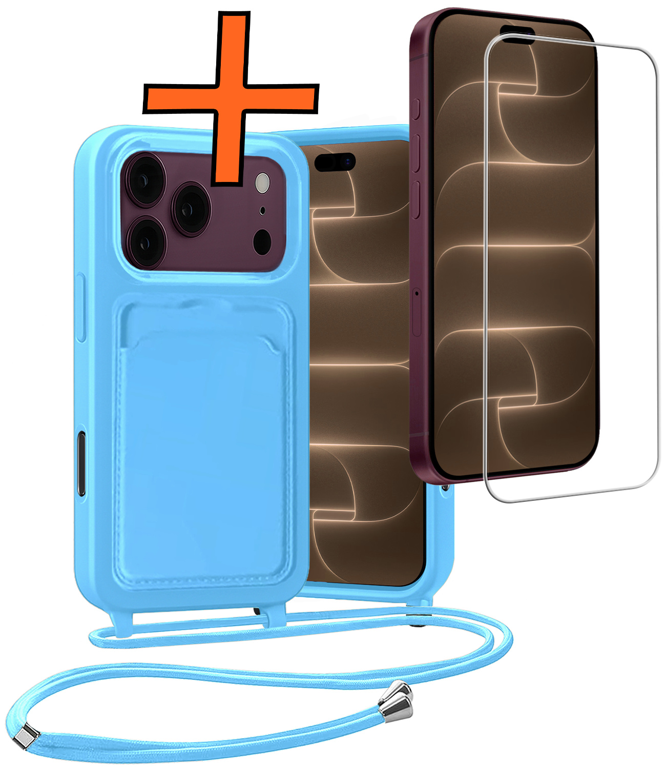 Nomfy Nomfy iPhone 18 Pro Hoesje Pashouder met Koord Met Screenprotector - Lichtblauw