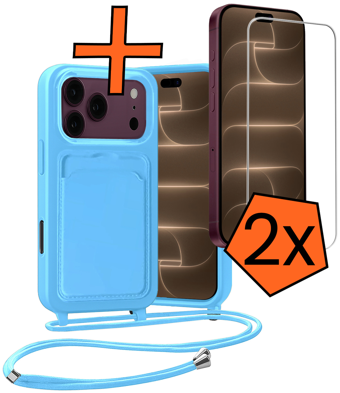 Nomfy Nomfy iPhone 18 Pro Hoesje Pashouder met Koord Met 2x Screenprotector - Lichtblauw
