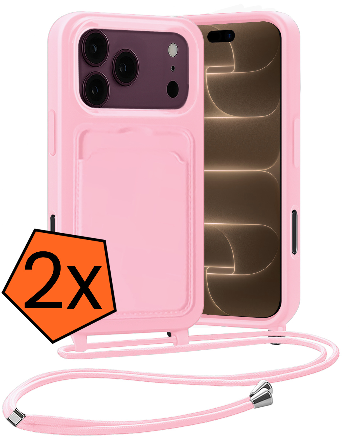Nomfy Nomfy iPhone 18 Pro Hoesje Pashouder met Koord - Lichtroze - 2 PACK