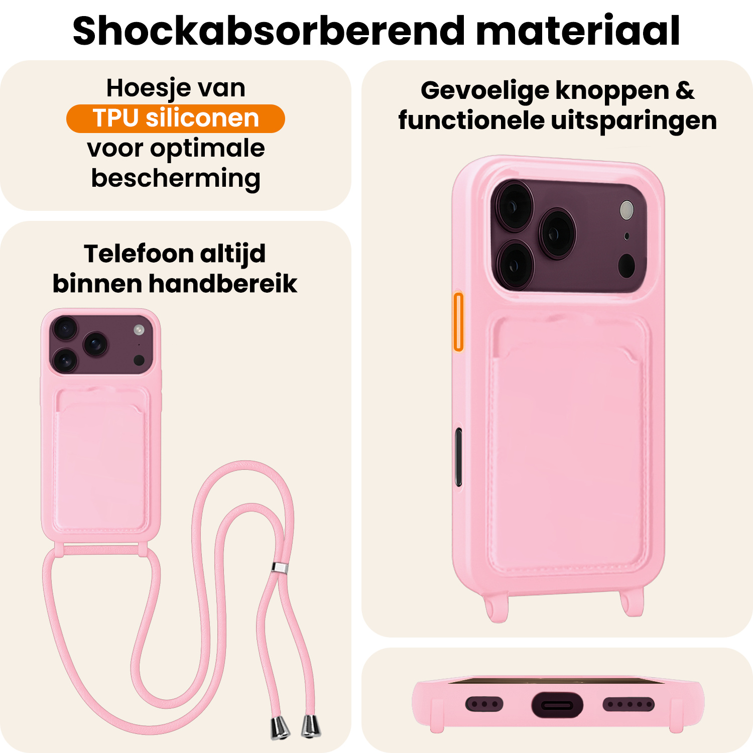 Nomfy Nomfy iPhone 18 Pro Hoesje Pashouder met Koord - Lichtroze - 2 PACK