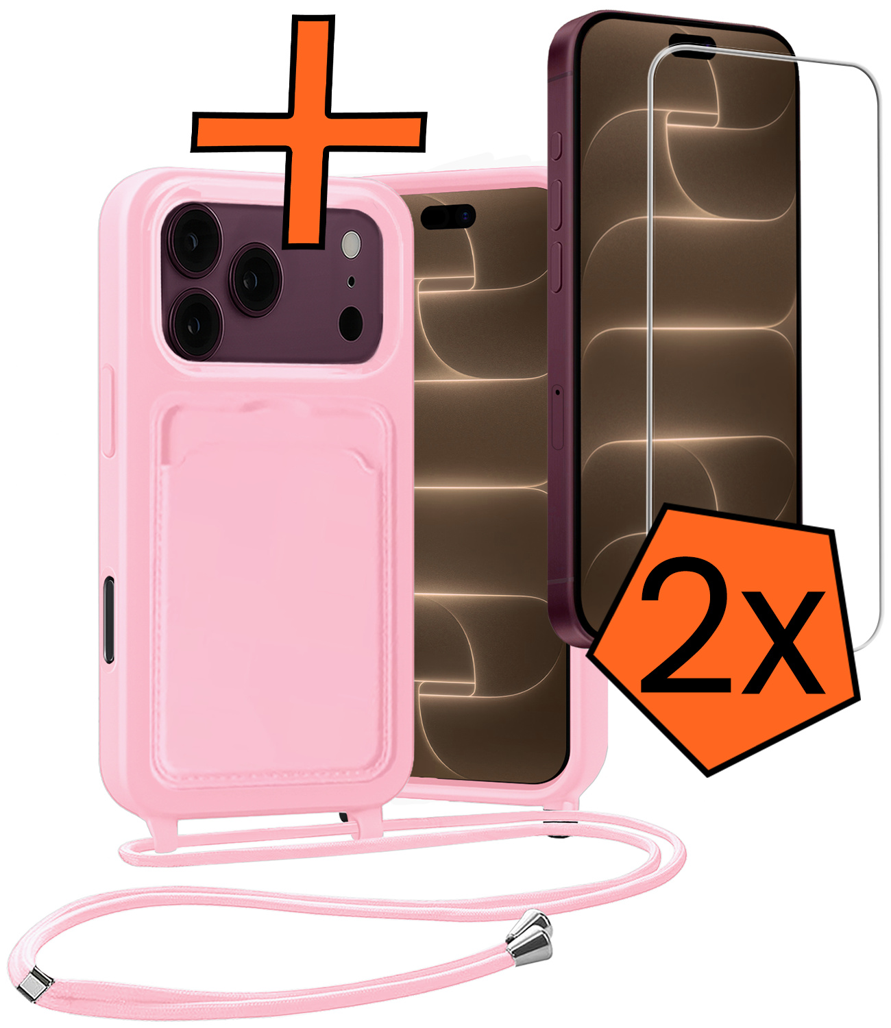 Nomfy Nomfy iPhone 18 Pro Hoesje Pashouder met Koord Met 2x Screenprotector - Lichtroze