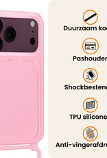 Nomfy Nomfy iPhone 18 Pro Hoesje Pashouder met Koord Met 2x Screenprotector - Lichtroze