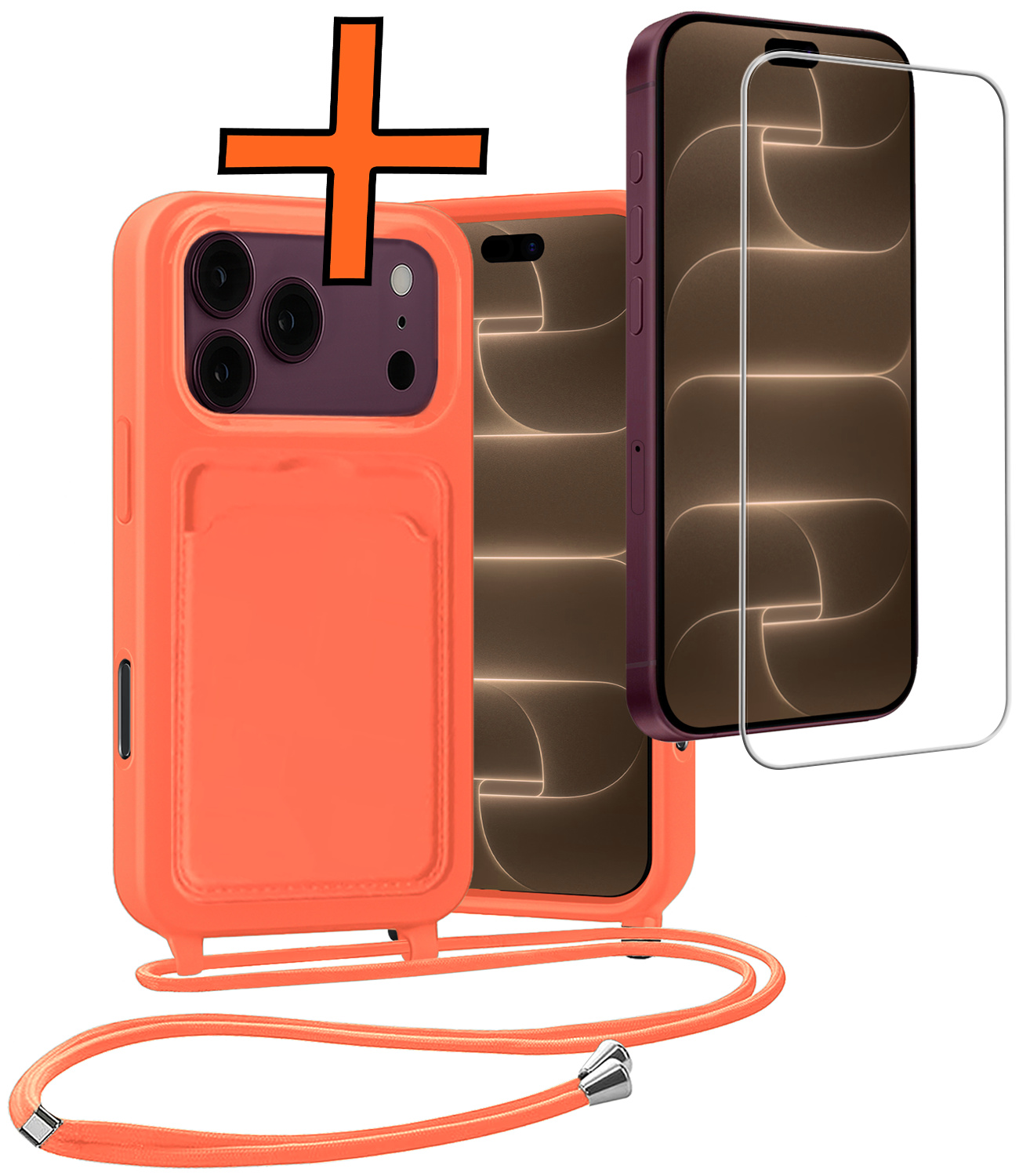 Nomfy Nomfy iPhone 18 Pro Hoesje Pashouder met Koord Met Screenprotector - Papaya