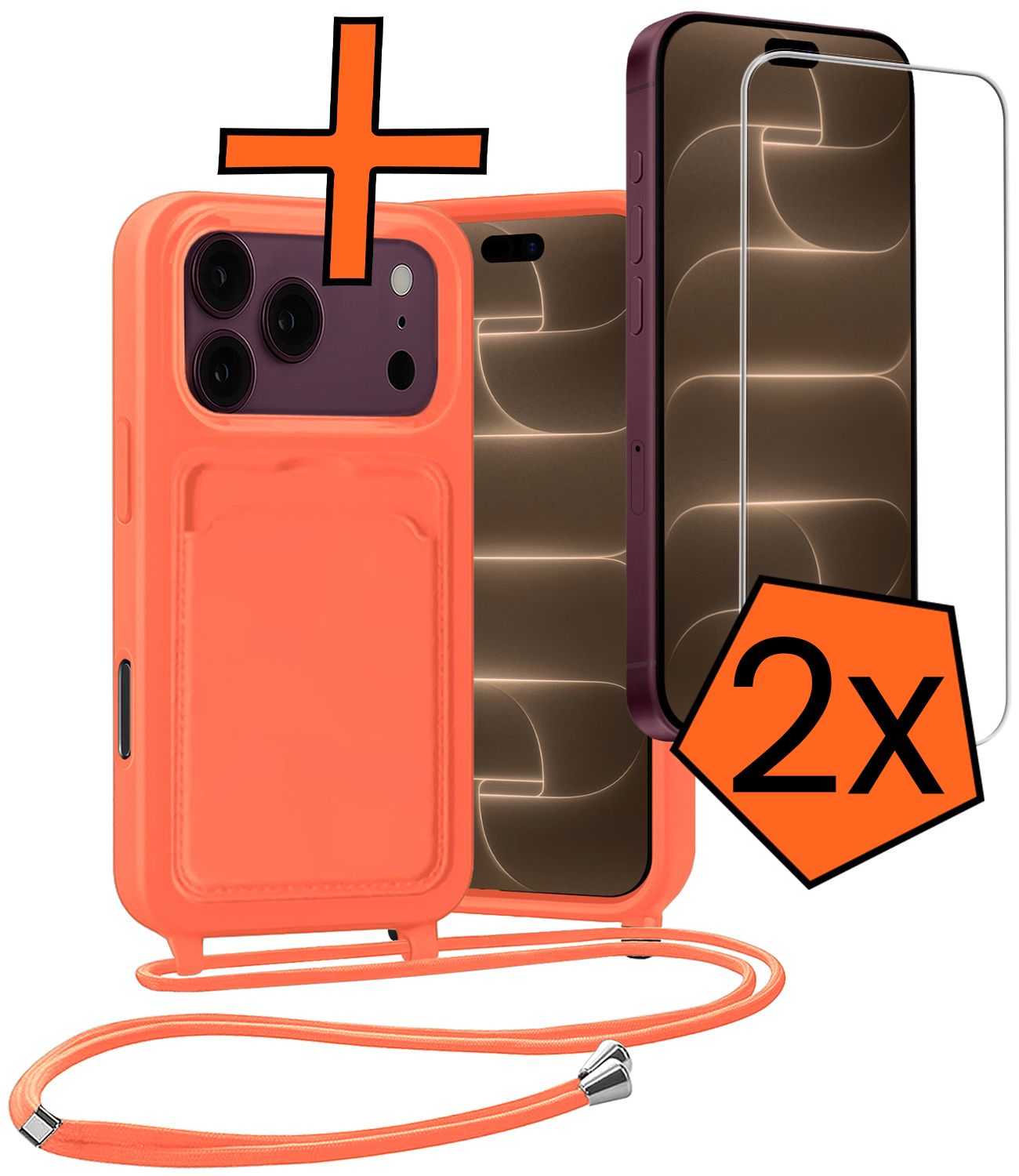 Nomfy Nomfy iPhone 18 Pro Hoesje Pashouder met Koord Met 2x Screenprotector - Papaya