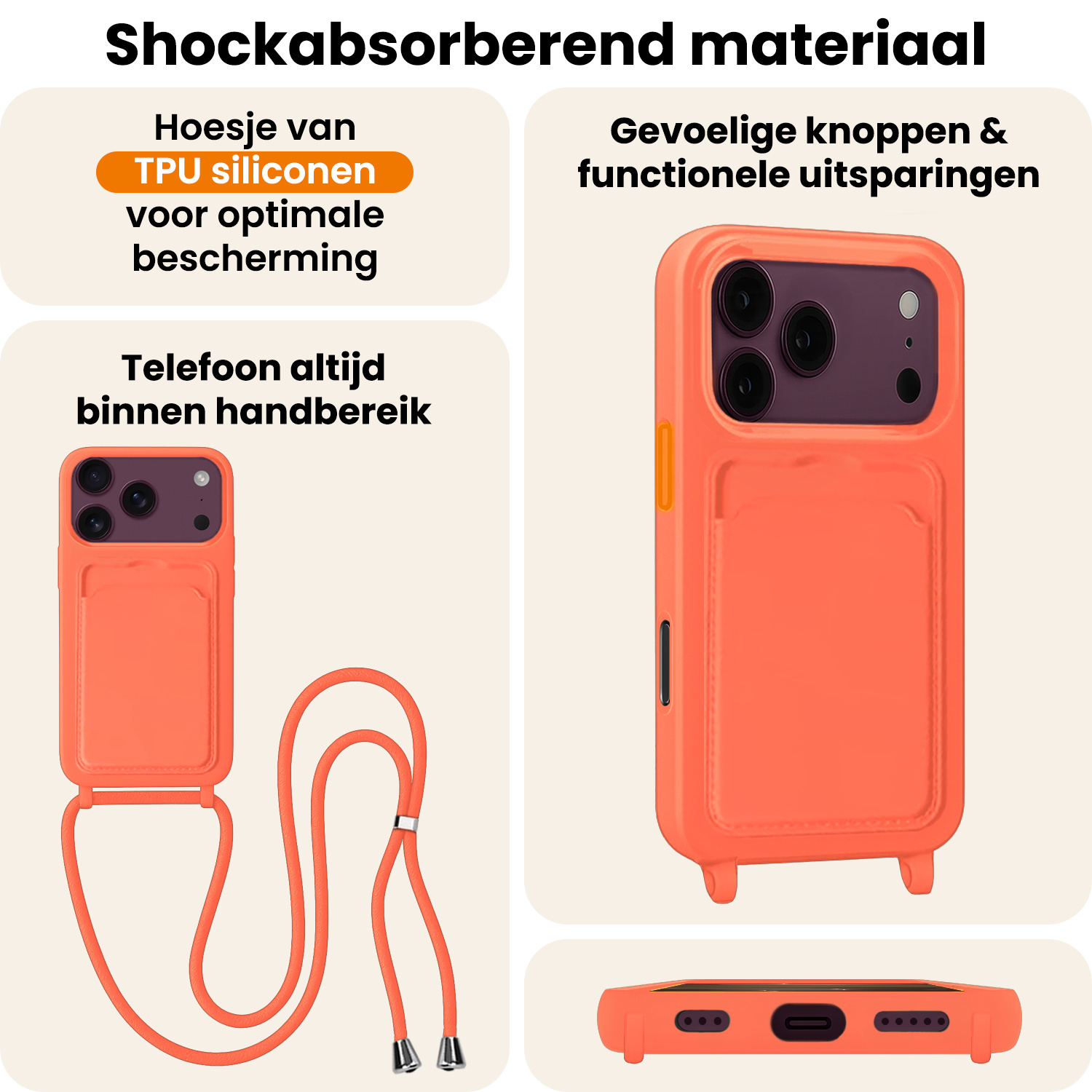 Nomfy Nomfy iPhone 18 Pro Hoesje Pashouder met Koord Met 2x Screenprotector - Papaya
