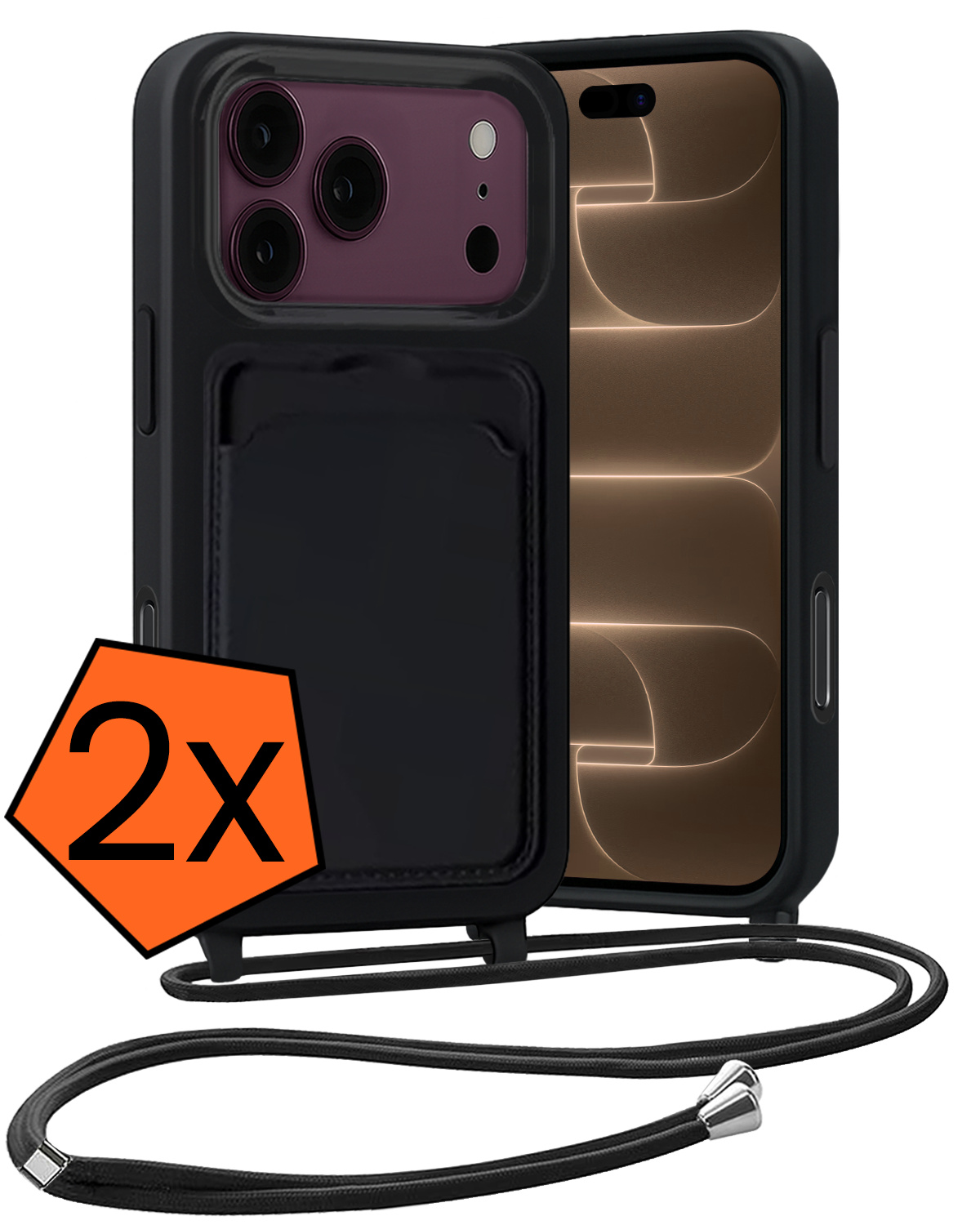 Nomfy Nomfy iPhone 18 Pro Hoesje Pashouder met Koord - Zwart - 2 PACK