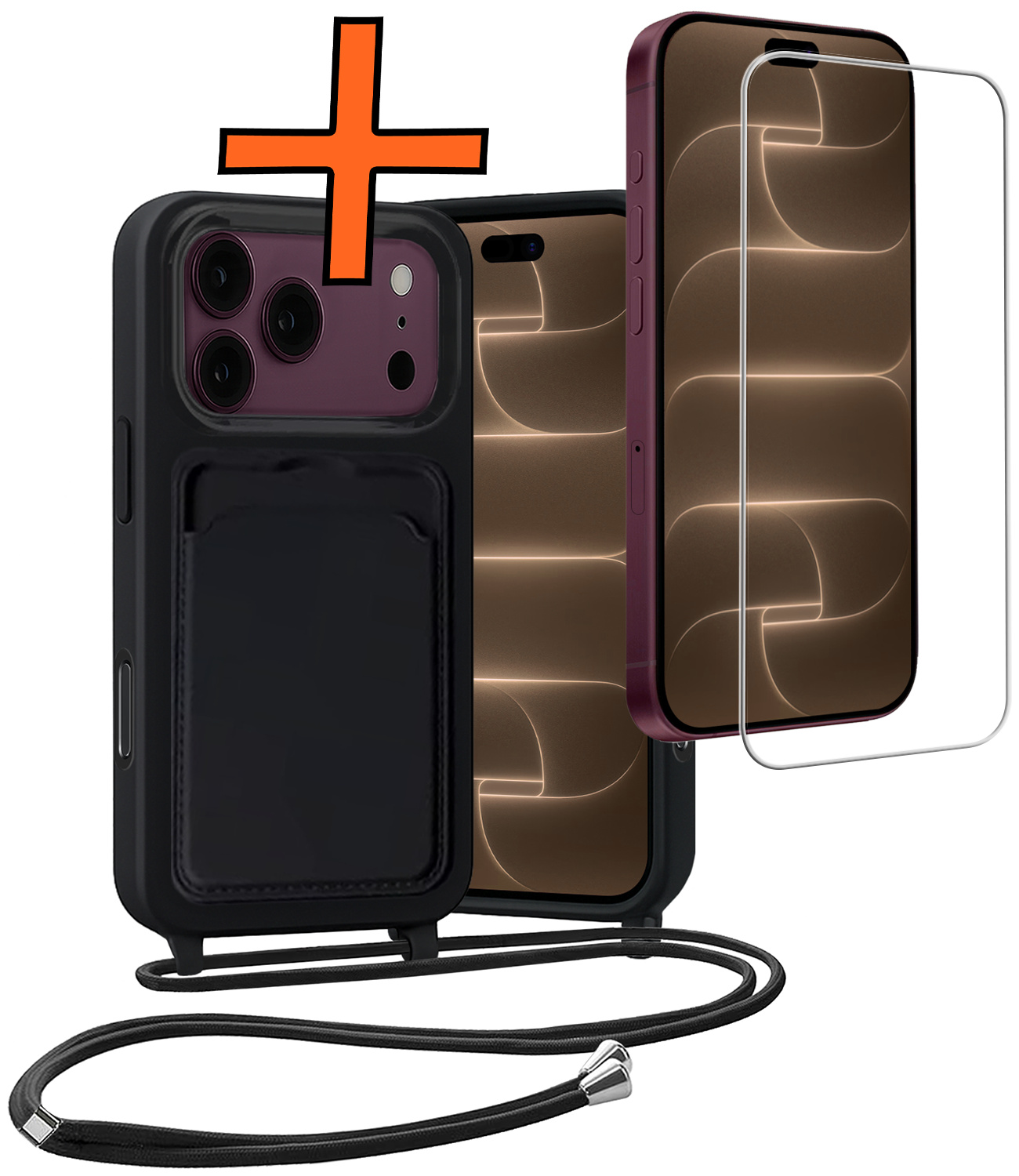 Nomfy Nomfy iPhone 18 Pro Hoesje Pashouder met Koord Met Screenprotector - Zwart