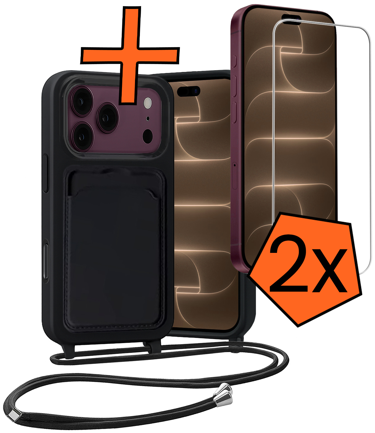 Nomfy Nomfy iPhone 18 Pro Hoesje Pashouder met Koord Met 2x Screenprotector - Zwart
