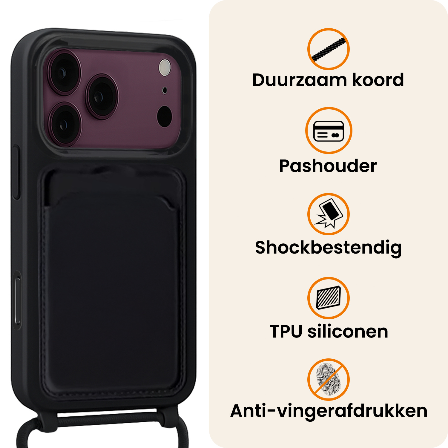 Nomfy Nomfy iPhone 18 Pro Hoesje Pashouder met Koord Met 2x Screenprotector - Zwart