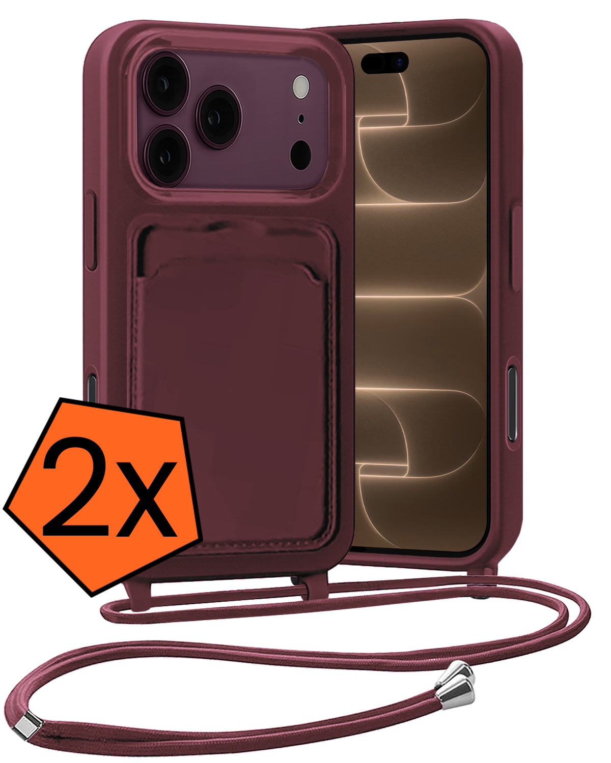 Nomfy Nomfy iPhone 18 Pro Max Hoesje Pashouder met Koord - Aubergine - 2 PACK