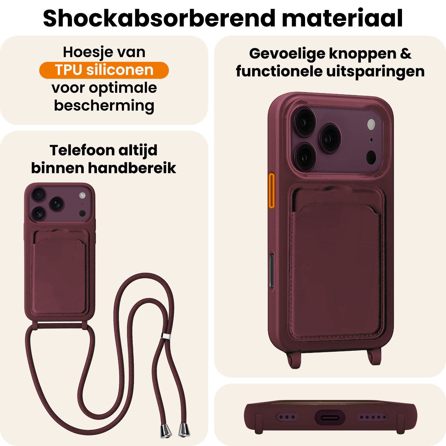 Nomfy Nomfy iPhone 18 Pro Max Hoesje Pashouder met Koord Met 2x Screenprotector - Aubergine