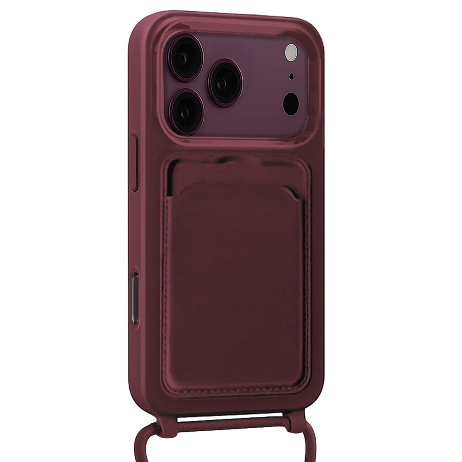 Nomfy Nomfy iPhone 18 Pro Max Hoesje Pashouder met Koord Met 2x Screenprotector - Aubergine