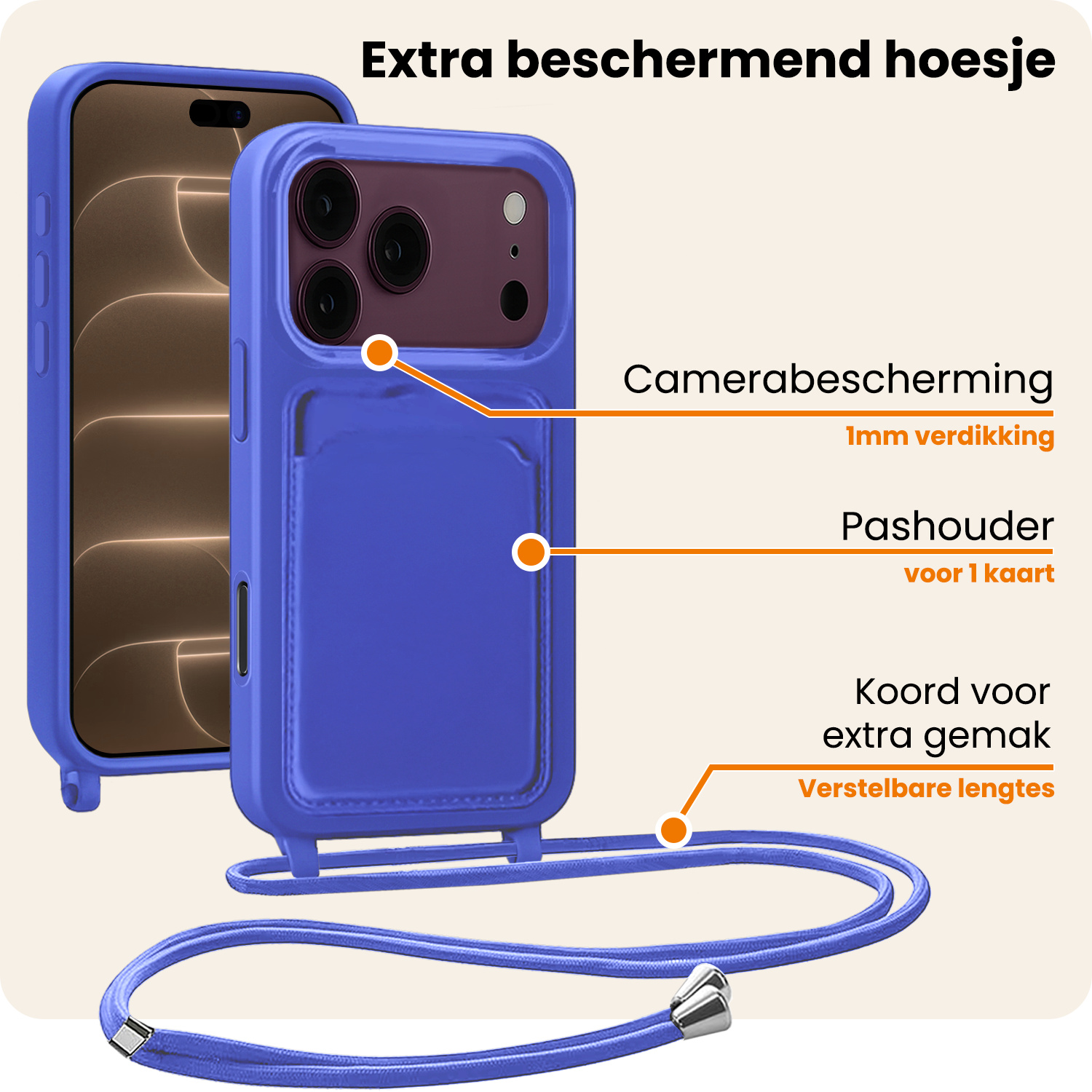 Nomfy Nomfy iPhone 18 Pro Max Hoesje Pashouder met Koord - Fel Blauw - 2 PACK