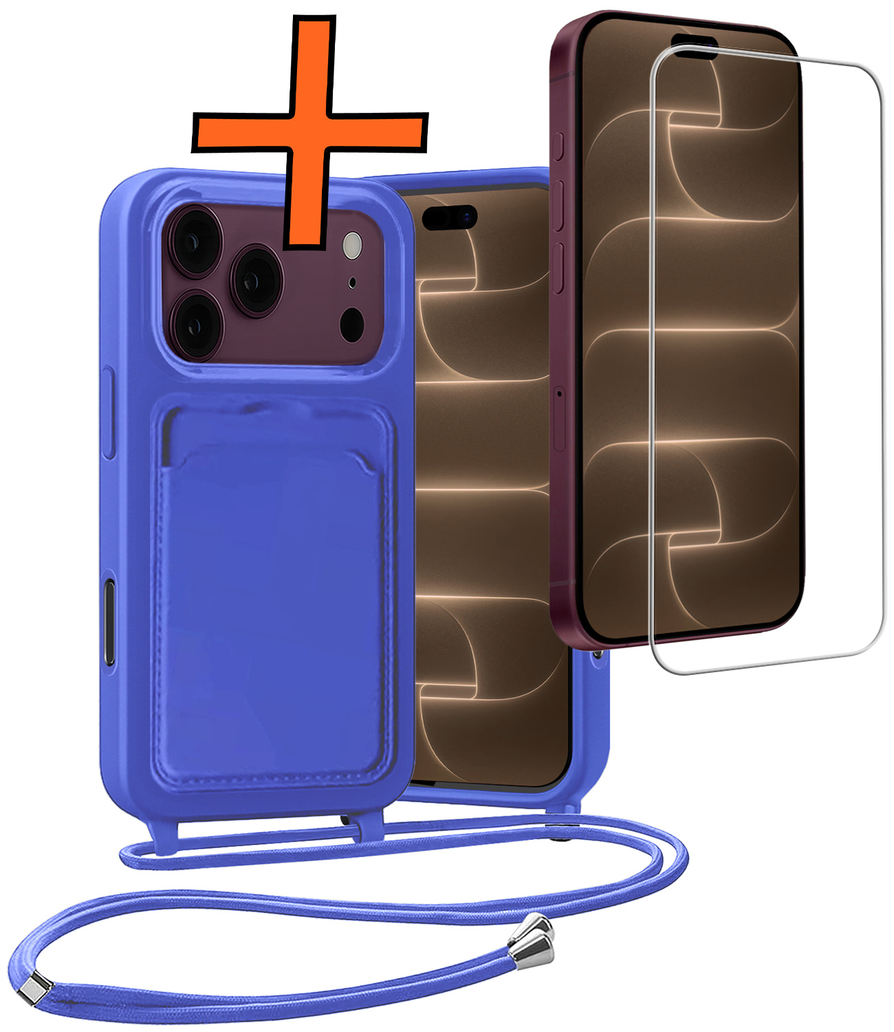 Nomfy Nomfy iPhone 18 Pro Max Hoesje Pashouder met Koord Met Screenprotector - Fel Blauw