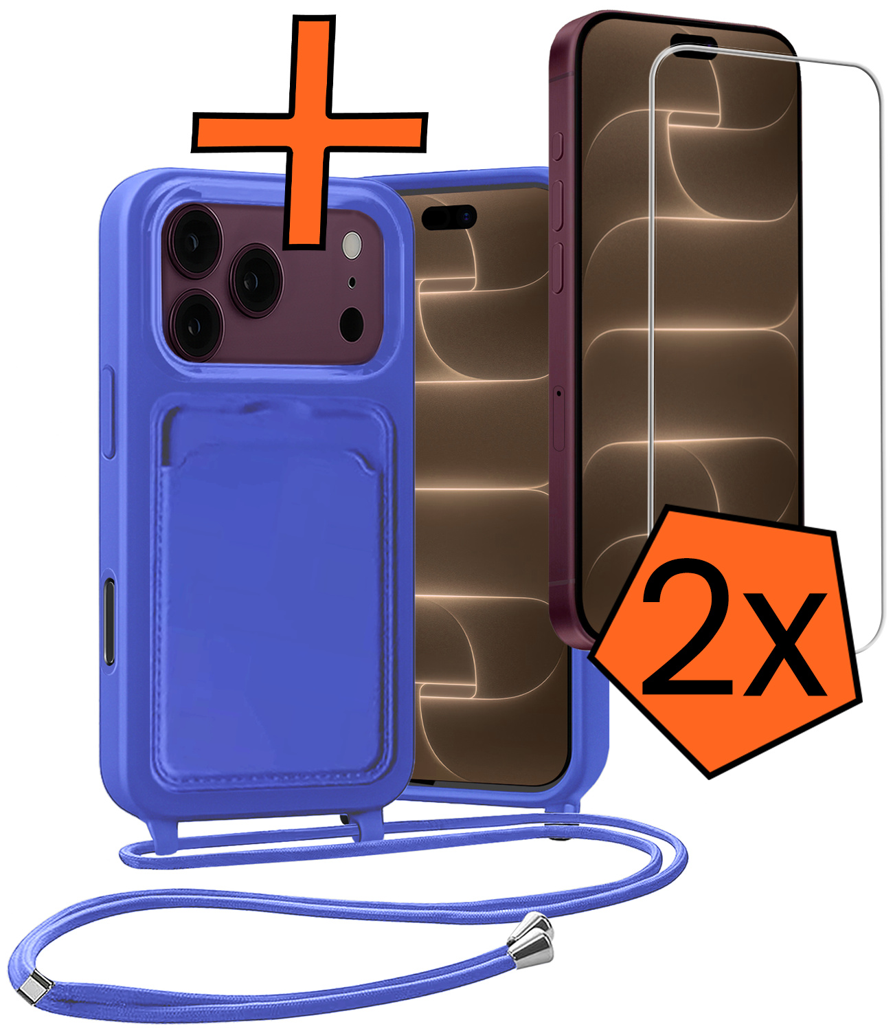 Nomfy Nomfy iPhone 18 Pro Max Hoesje Pashouder met Koord Met 2x Screenprotector - Fel Blauw
