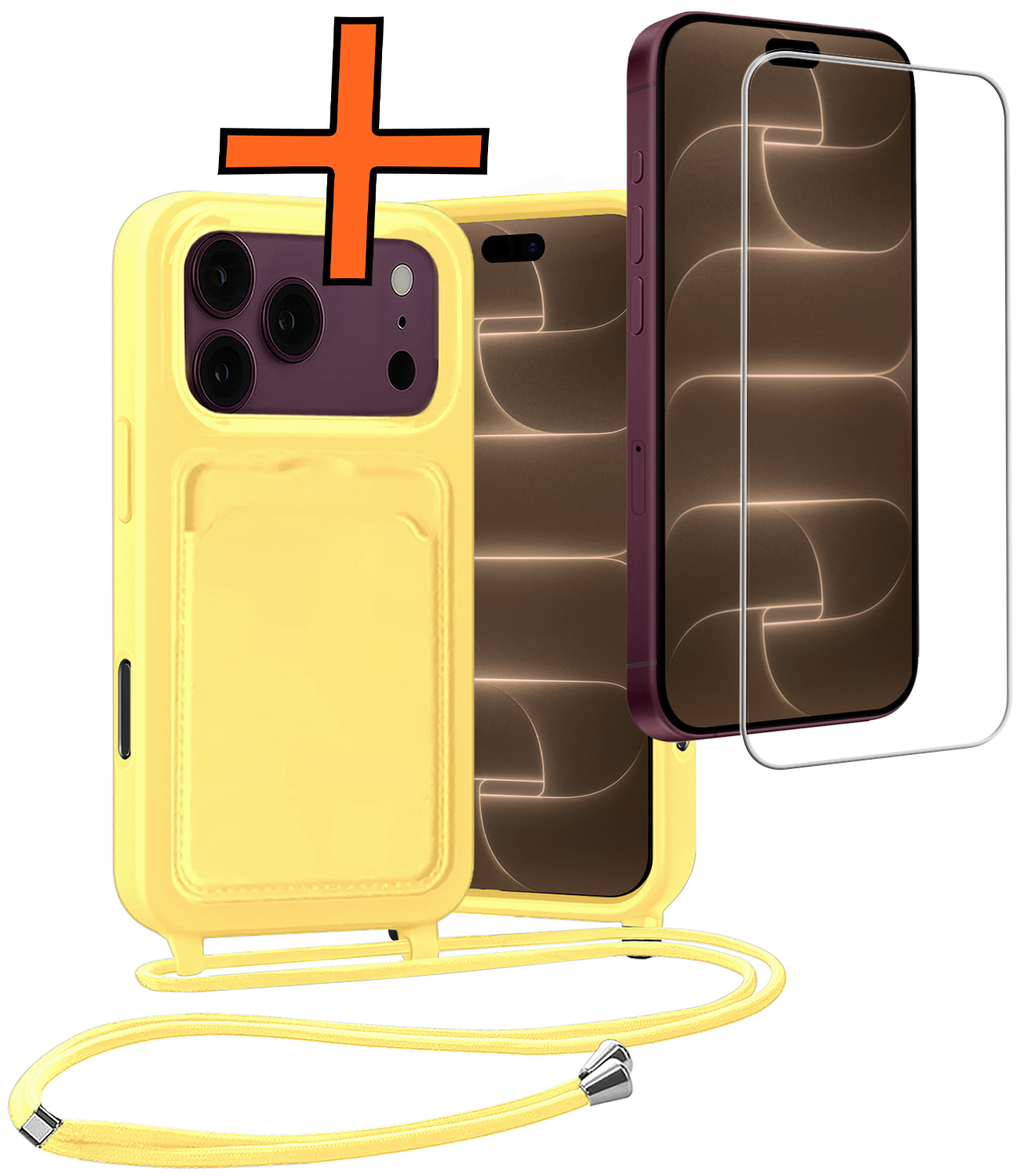 Nomfy Nomfy iPhone 18 Pro Max Hoesje Pashouder met Koord Met Screenprotector - Geel
