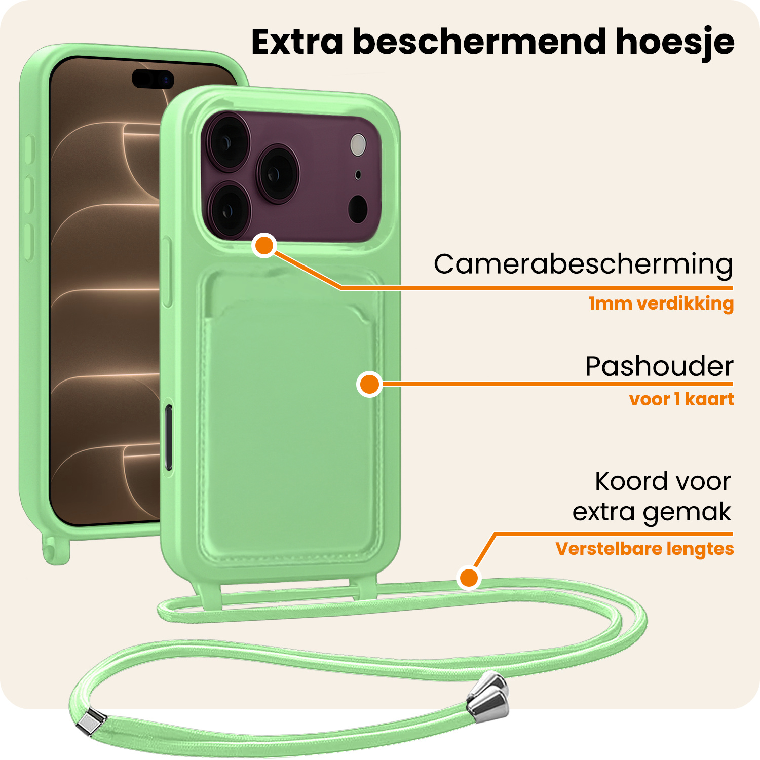 Nomfy Nomfy iPhone 18 Pro Max Hoesje Pashouder met Koord - Groen - 2 PACK