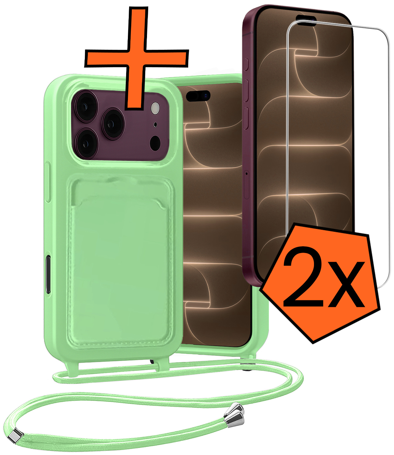 Nomfy Nomfy iPhone 18 Pro Max Hoesje Pashouder met Koord Met 2x Screenprotector - Groen