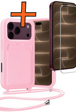 Nomfy Nomfy iPhone 18 Pro Max Hoesje Pashouder met Koord Met Screenprotector - Lichtroze