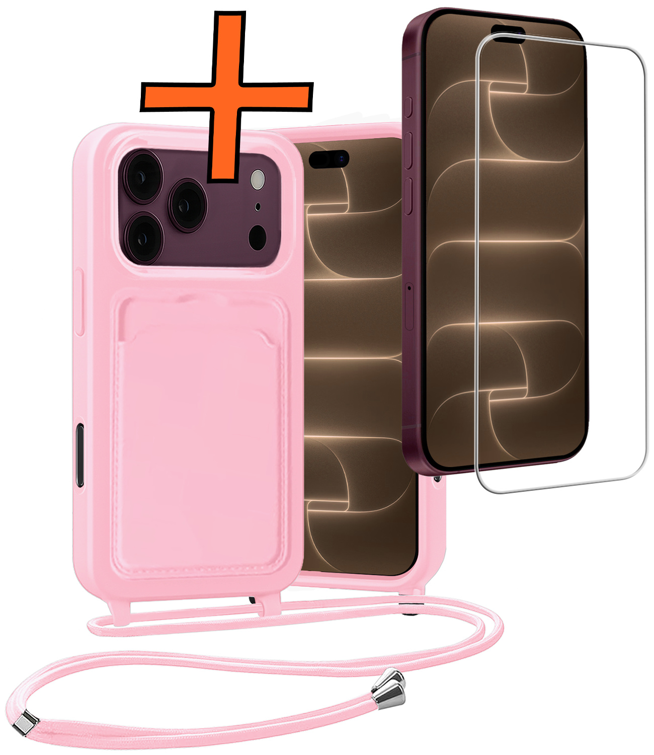 Nomfy Nomfy iPhone 18 Pro Max Hoesje Pashouder met Koord Met Screenprotector - Lichtroze