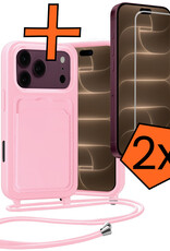 Nomfy Nomfy iPhone 18 Pro Max Hoesje Pashouder met Koord Met 2x Screenprotector - Lichtroze