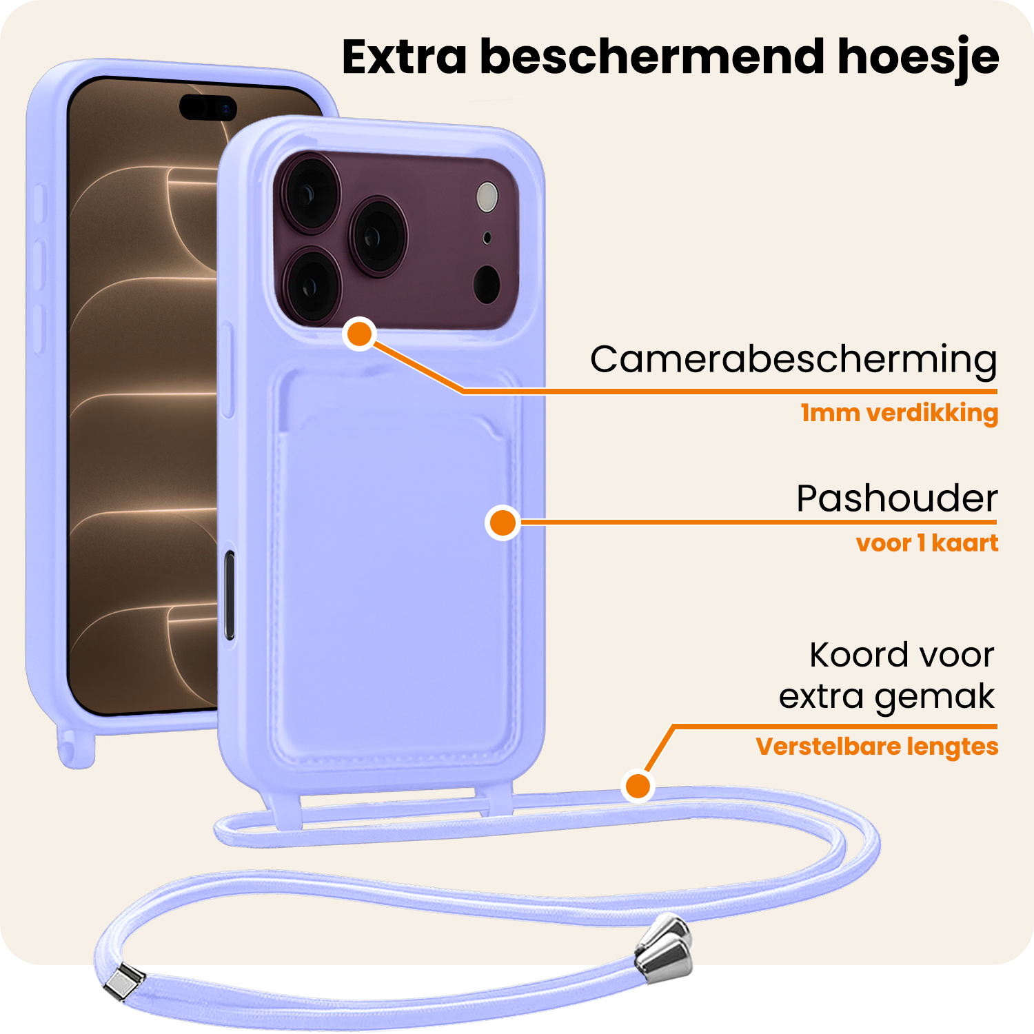Nomfy Nomfy iPhone 18 Pro Max Hoesje Pashouder met Koord - Lila - 2 PACK