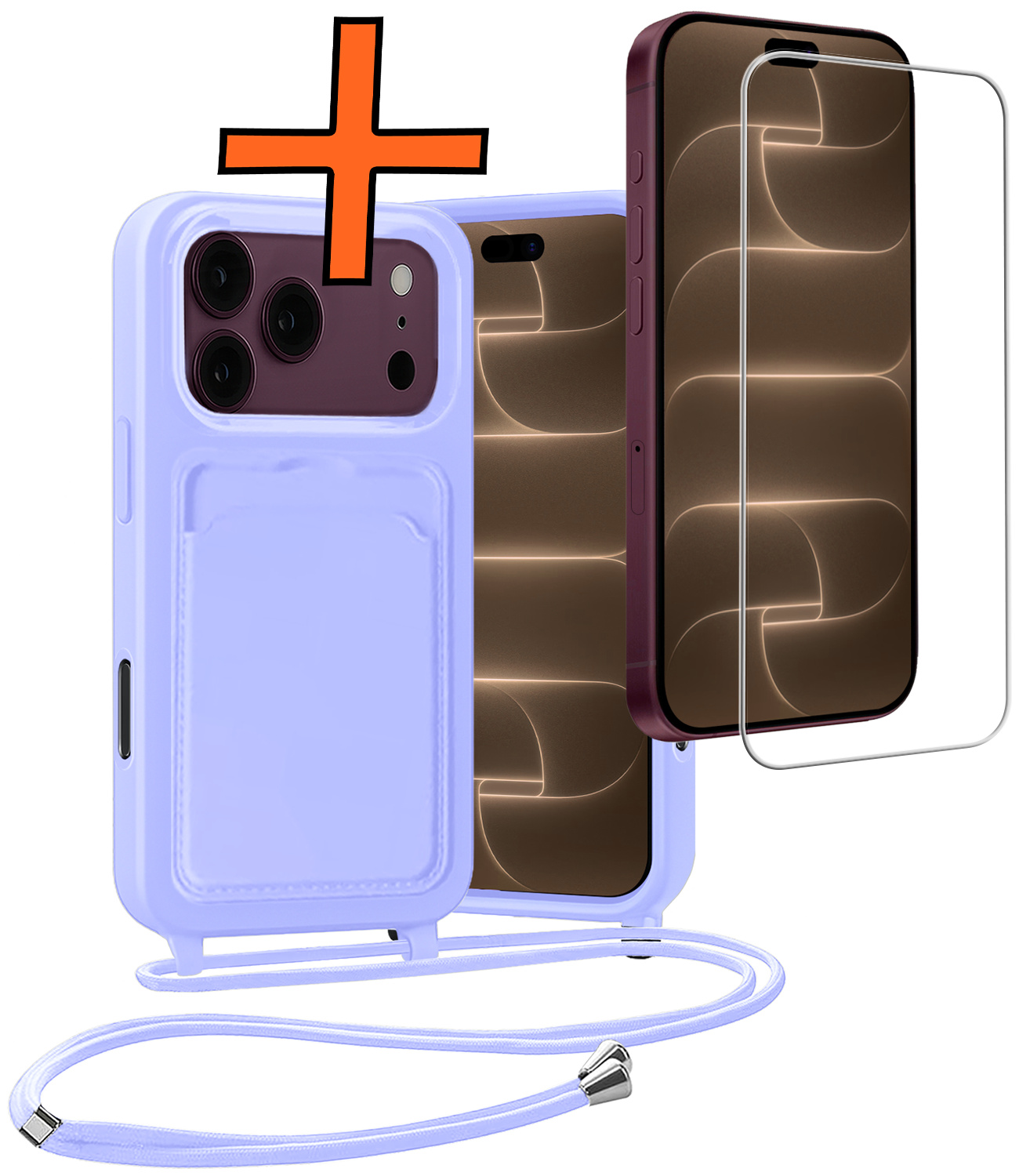 Nomfy Nomfy iPhone 18 Pro Max Hoesje Pashouder met Koord Met Screenprotector - Lila