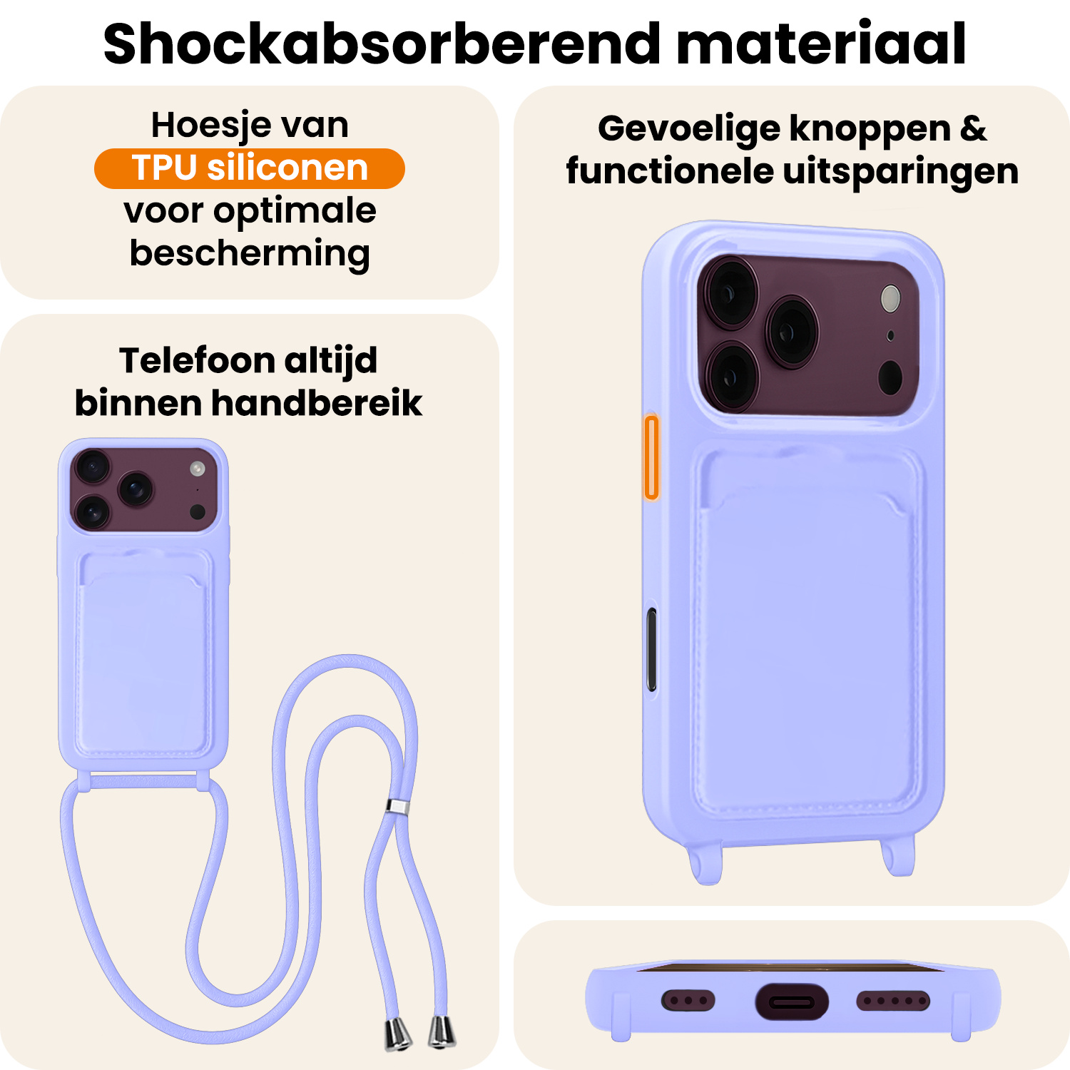 Nomfy Nomfy iPhone 18 Pro Max Hoesje Pashouder met Koord Met Screenprotector - Lila