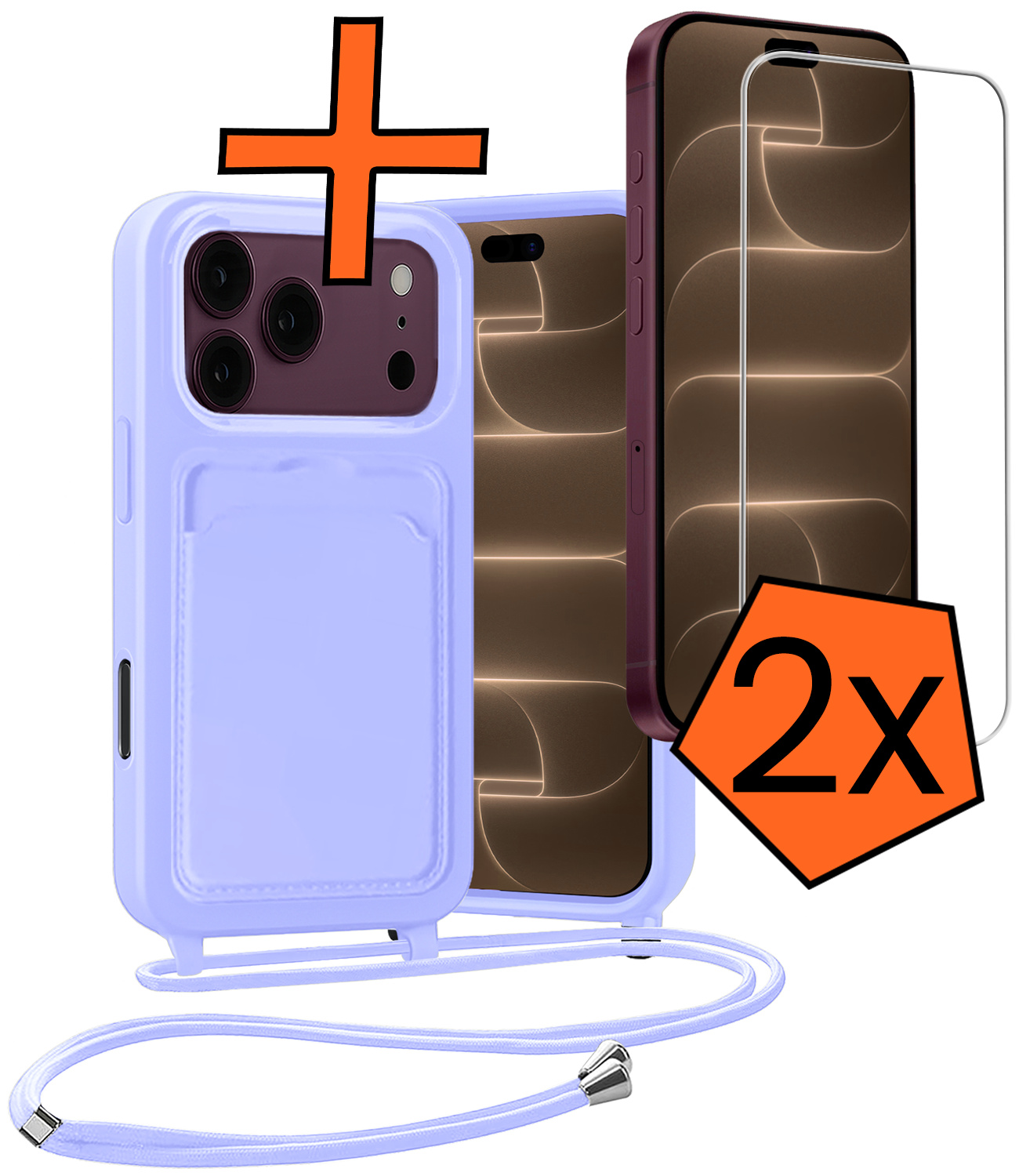 Nomfy Nomfy iPhone 18 Pro Max Hoesje Pashouder met Koord Met 2x Screenprotector - Lila